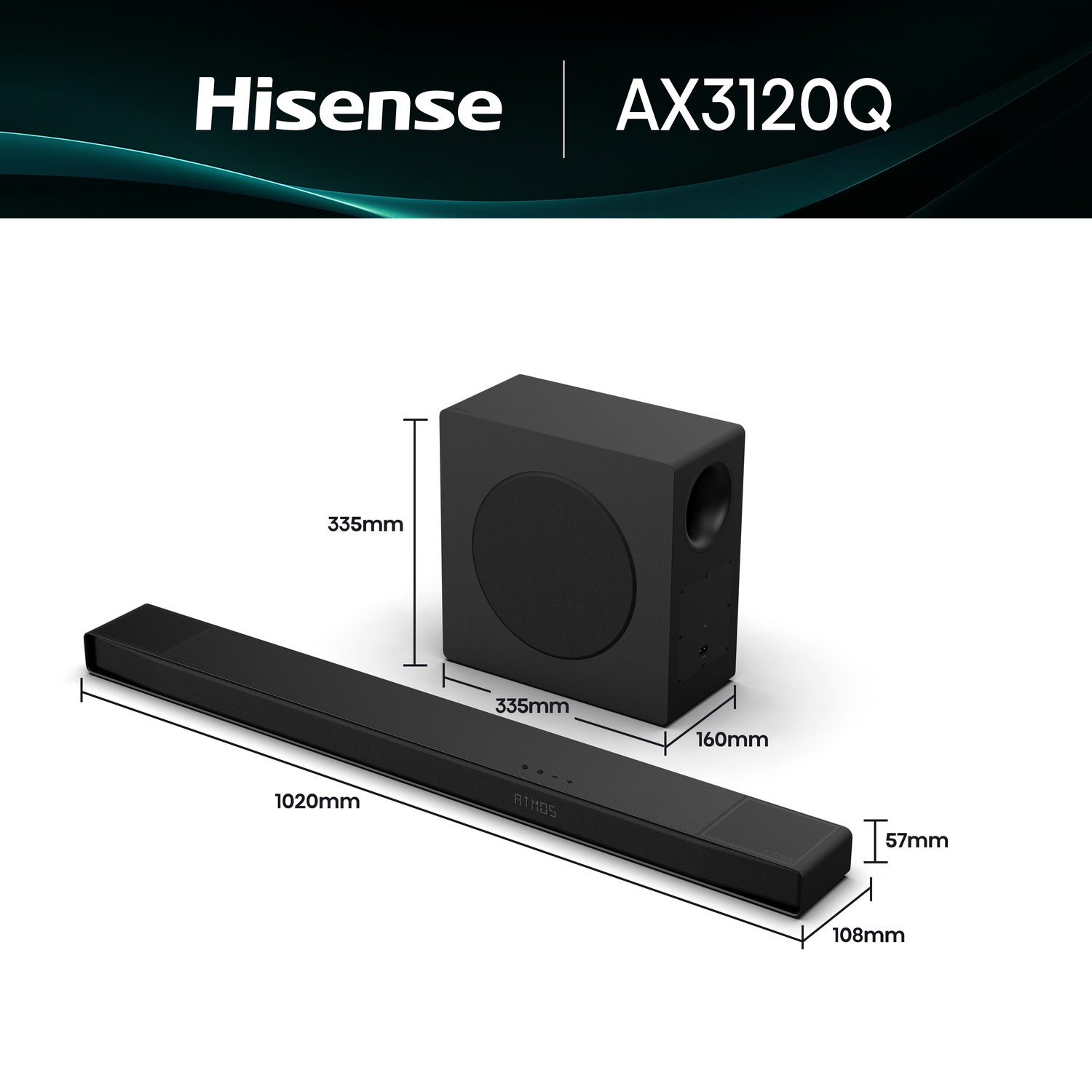 Soundbar e subwoofer Hisense AX3120Q neri con dimensioni.