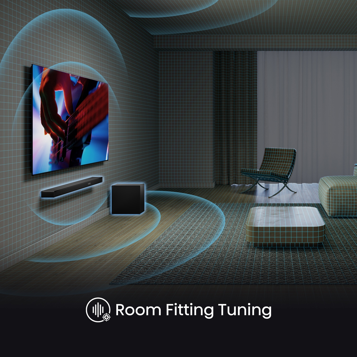 Un soggiorno con TV, soundbar, subwoofer e mobili.