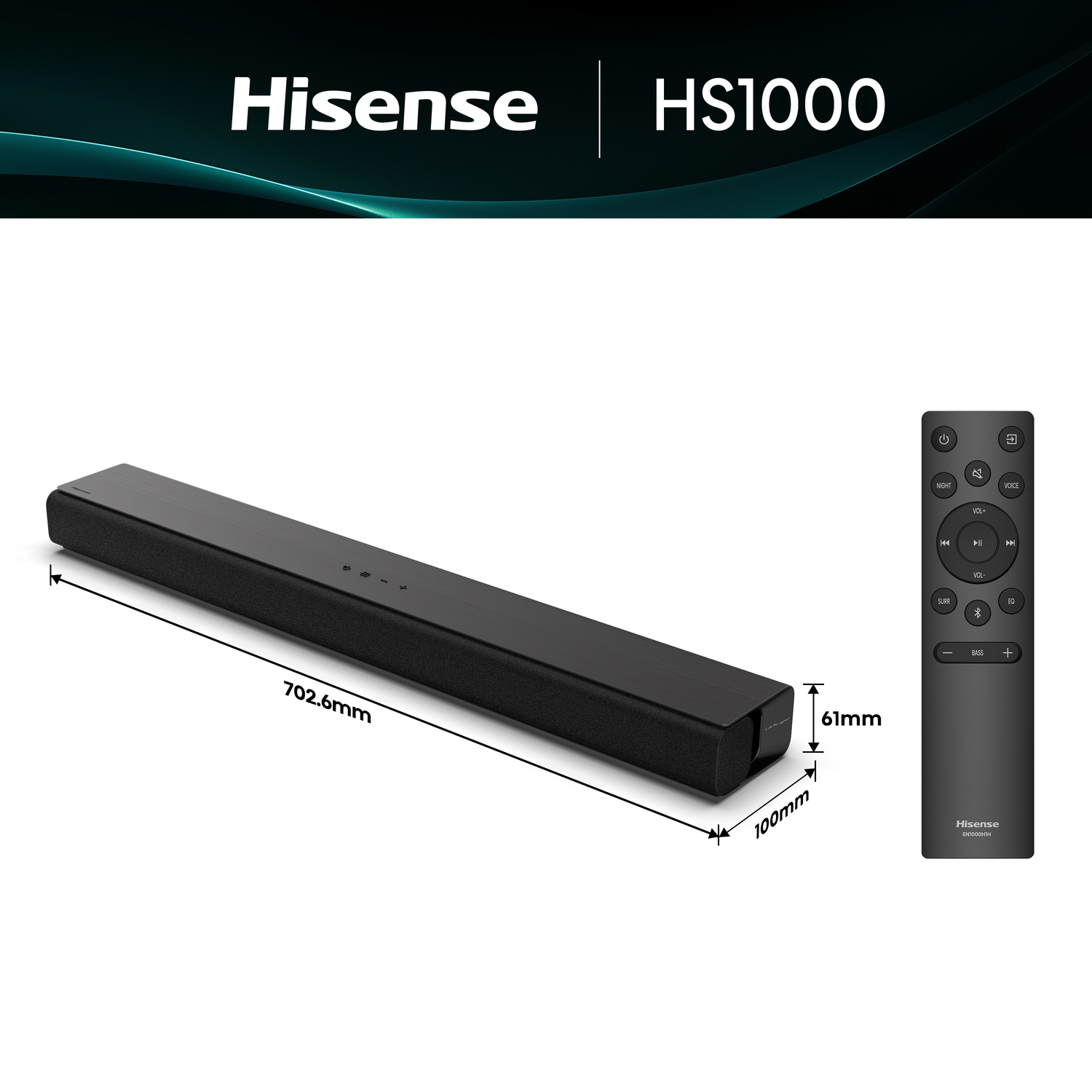 Soundbar Hisense HS1000 nera con telecomando, 702,6mm L, 61mm A, 100mm P.