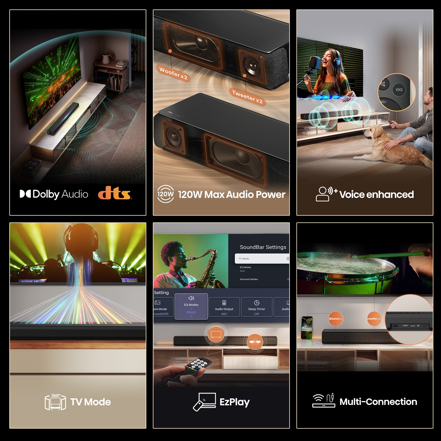 Uno schermo mostra una soundbar davanti a una TV con Dolby Audio e DTS.