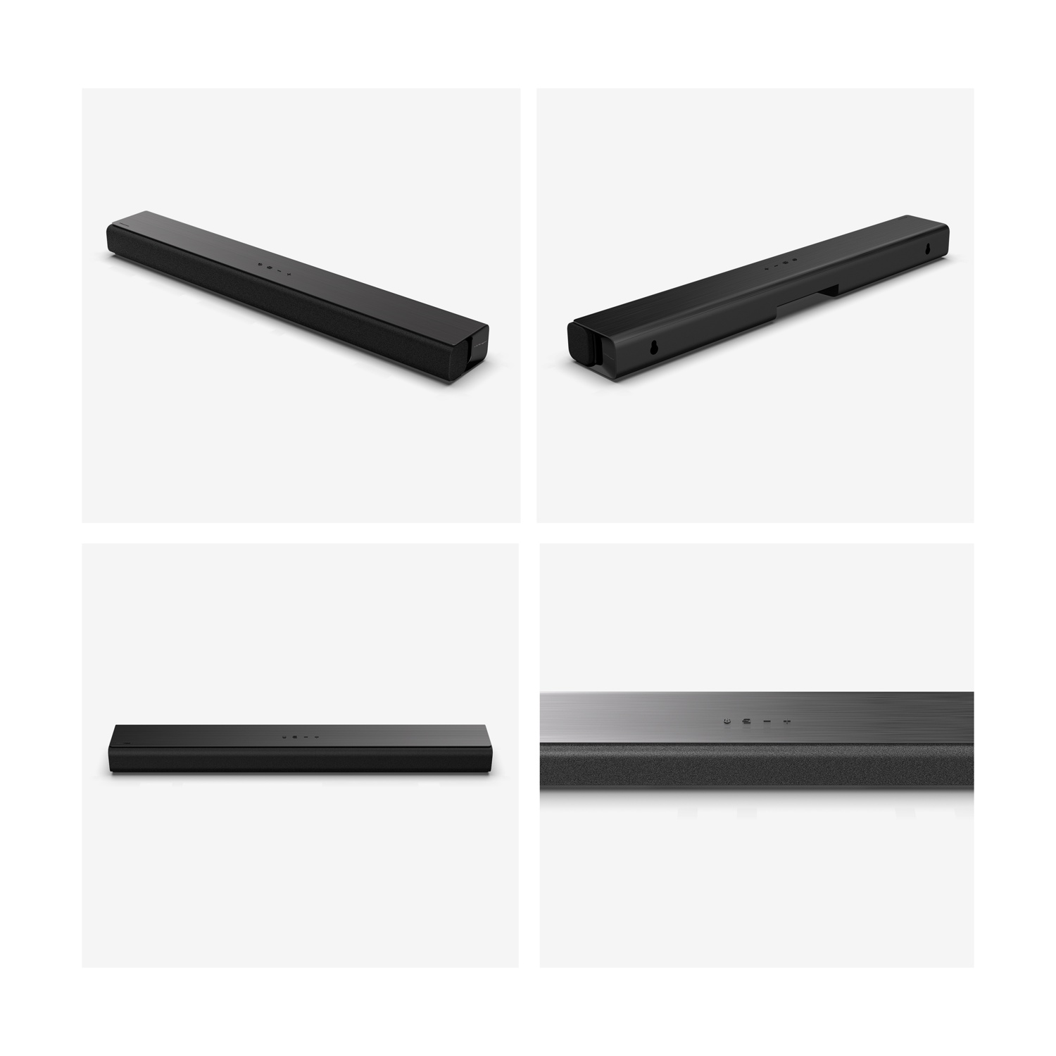 Soundbar nero con superficie superiore metallica e pulsanti.