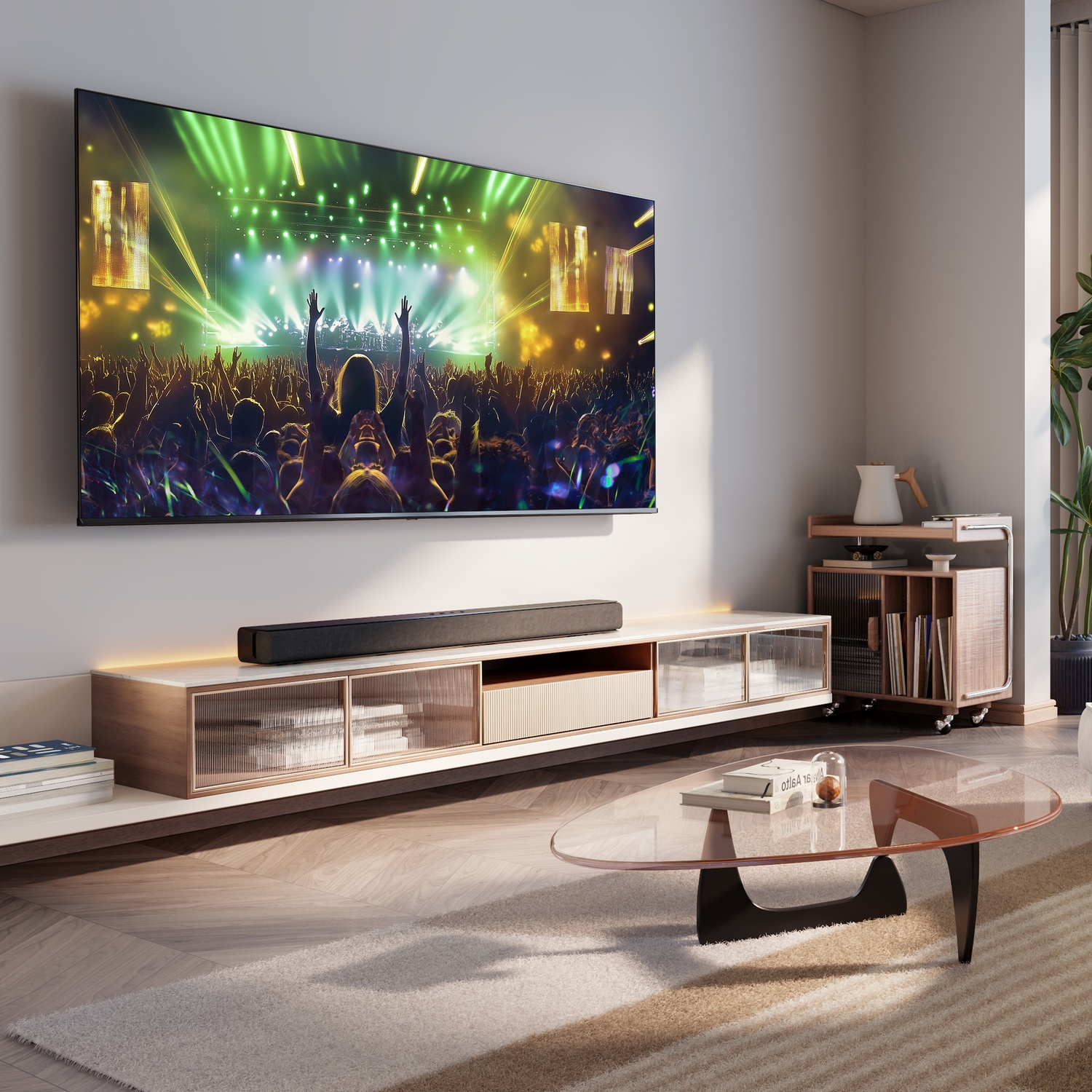 Soggiorno moderno con TV grande che mostra un concerto e soundbar.