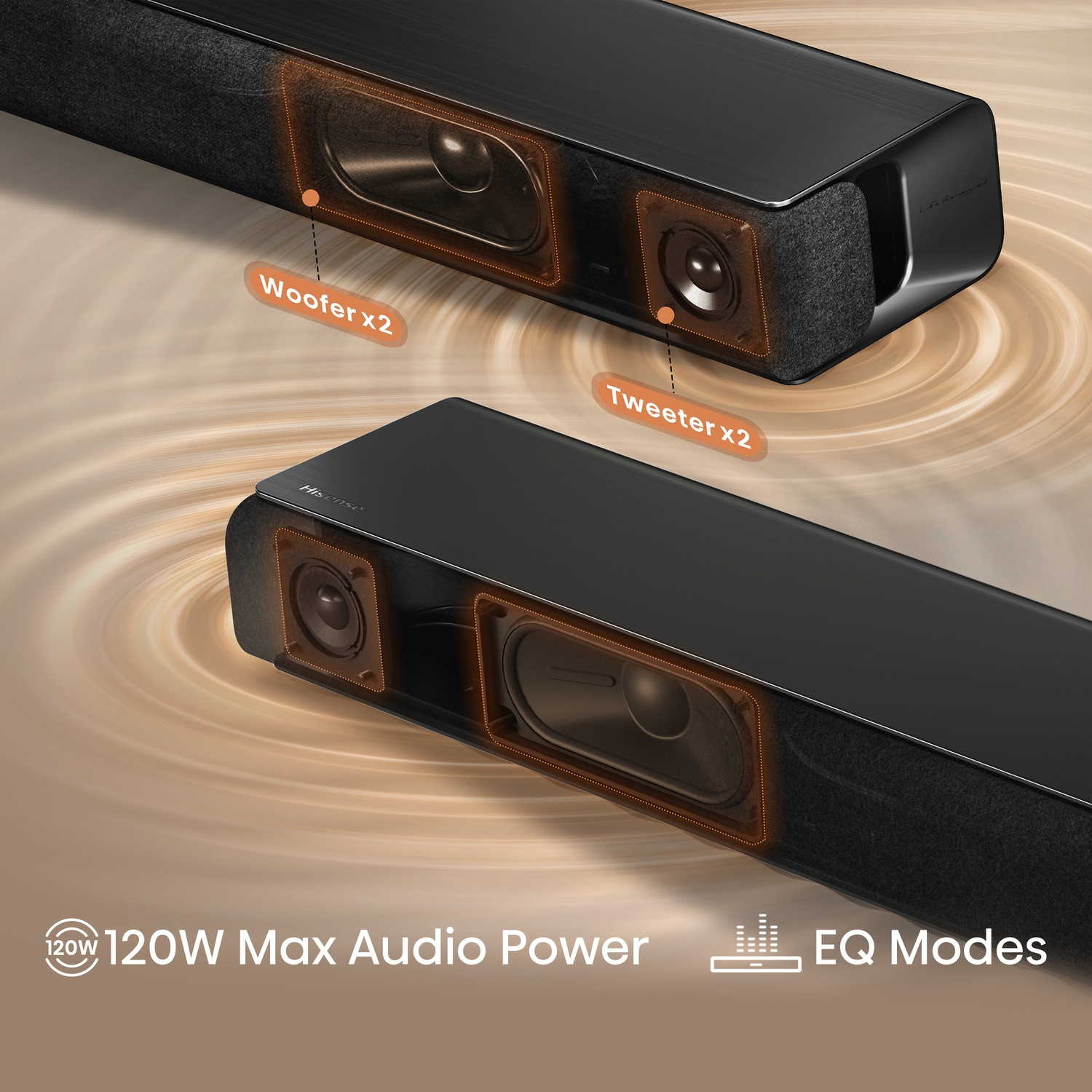 Una soundbar nera con woofer e tweeter evidenziati.