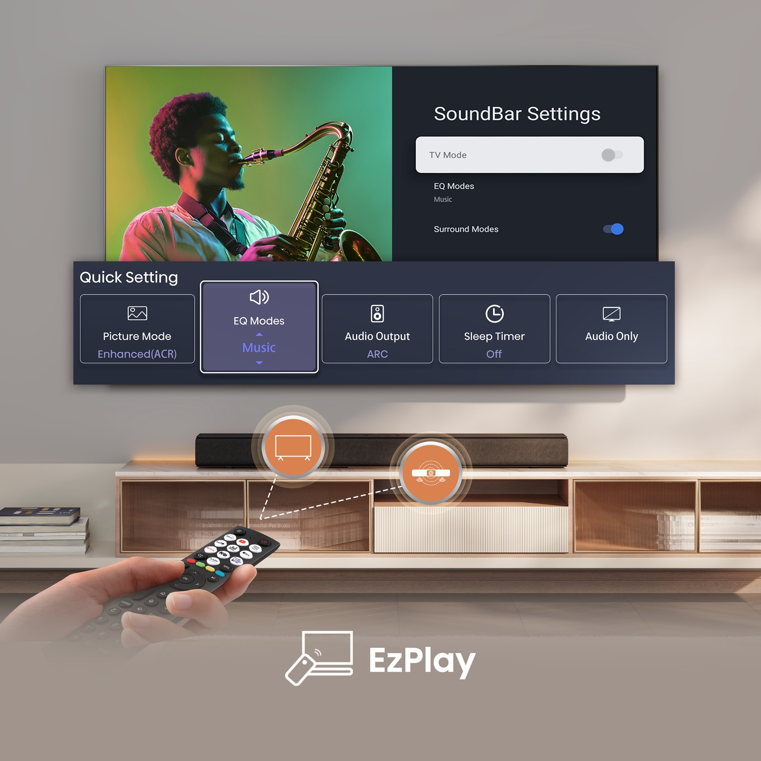 Lo schermo TV mostra il menu delle impostazioni SoundBar con Modalità EQ impostata su Musica. Una mano tiene un telecomando.