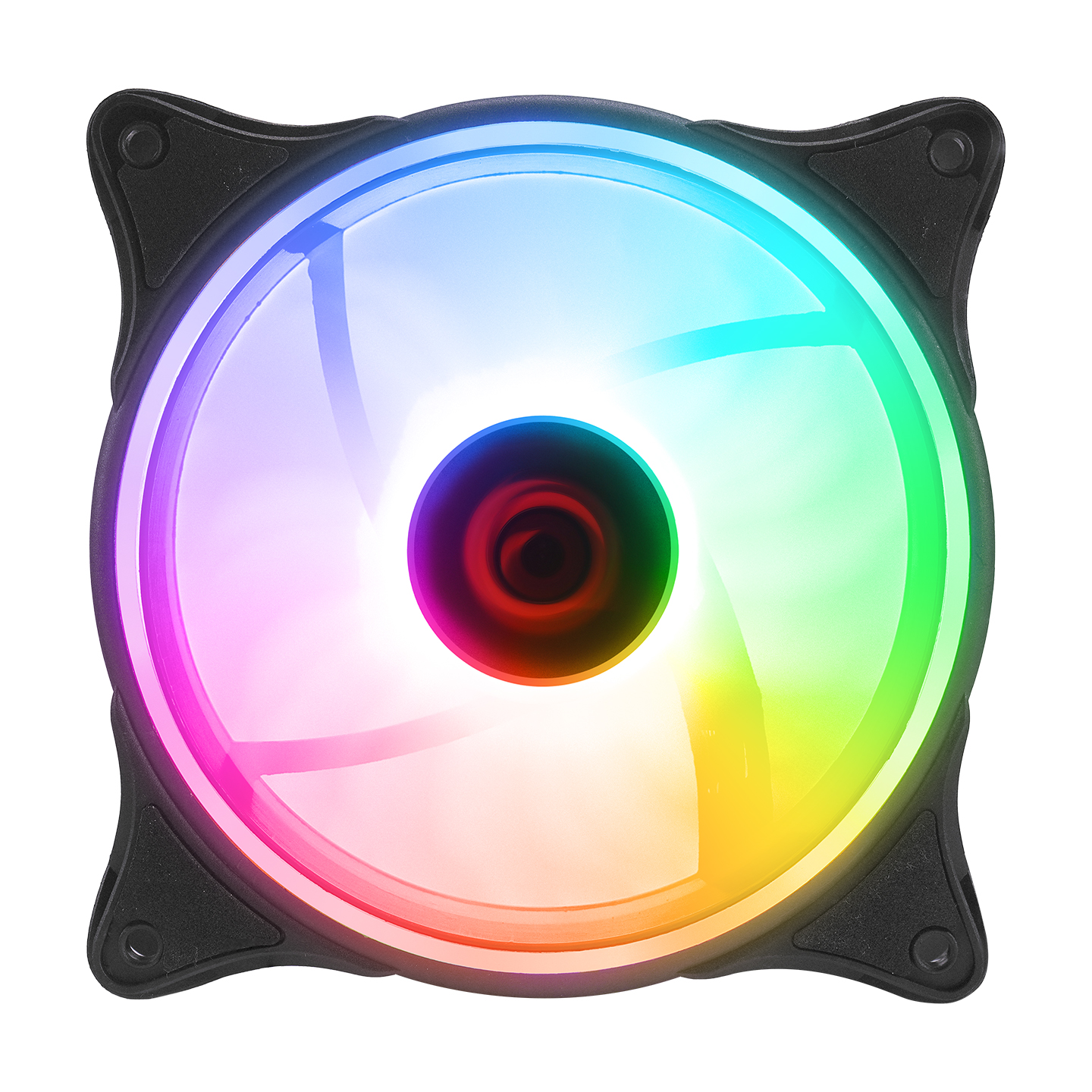 Beyaz arka planda izole edilmiş, RGB aydınlatmalı parlak bir PC fanı.