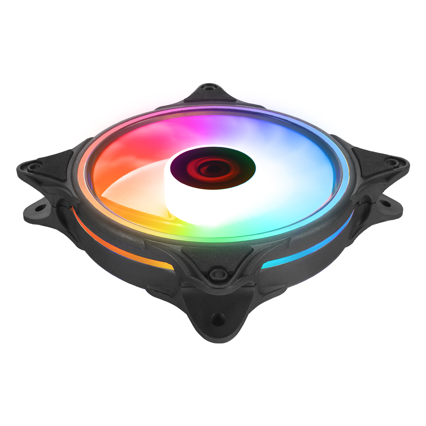 Beyaz arka plan üzerinde RGB aydınlatmalı siyah bilgisayar fanı.