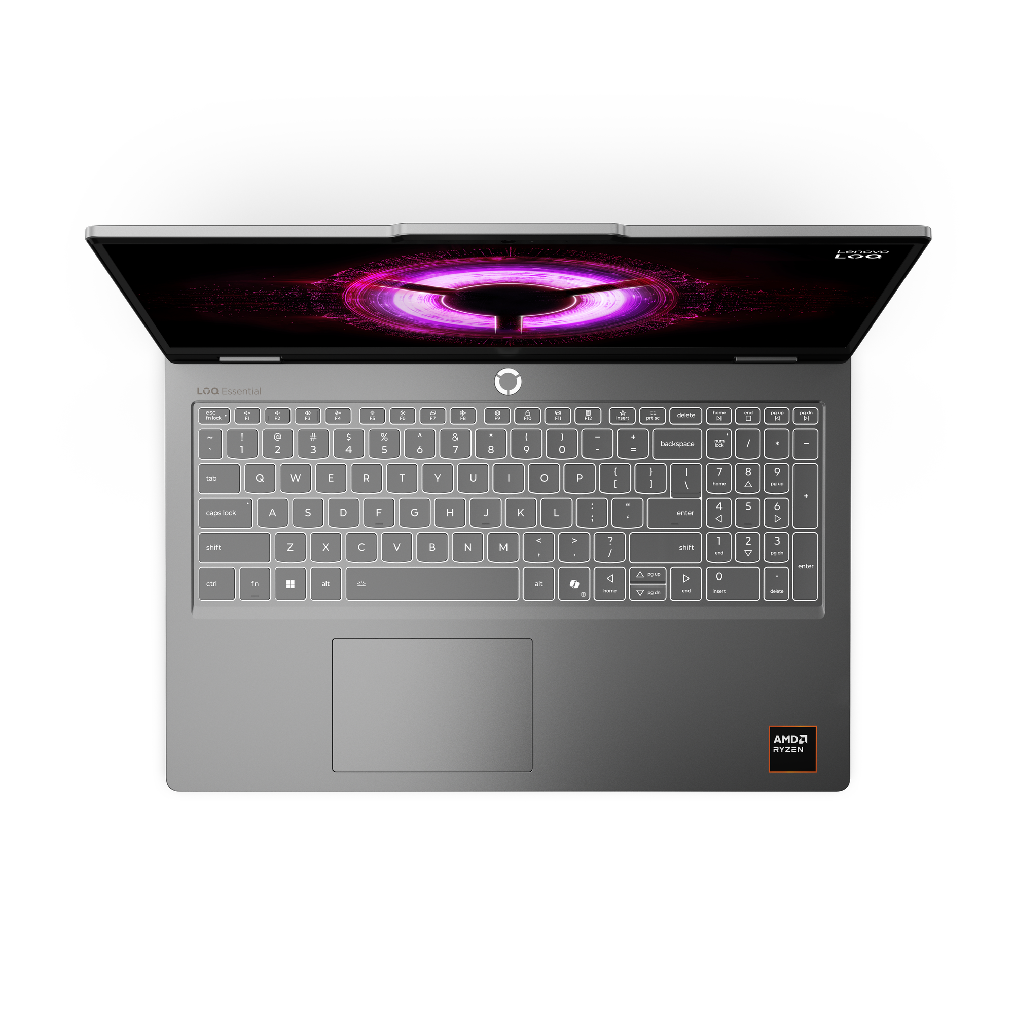 Ein silberner Laptop mit geöffnetem Display, das ein lila Muster zeigt.