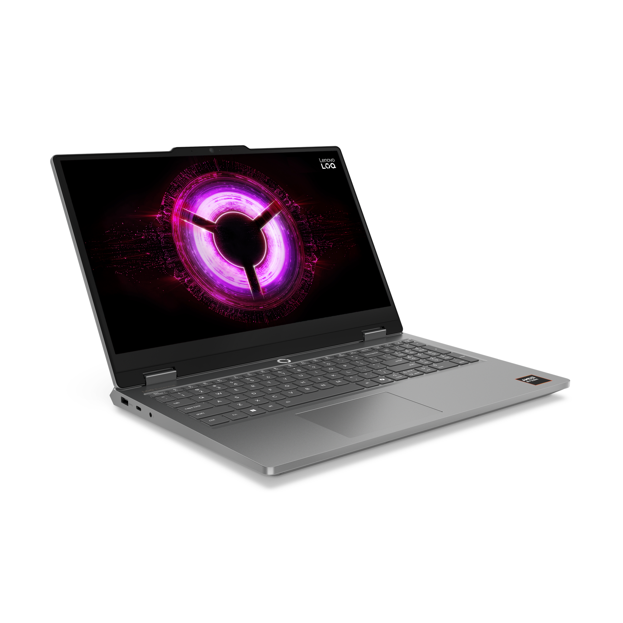 Grauer Laptop mit leuchtend pinkem digitalen Muster auf dem Bildschirm.