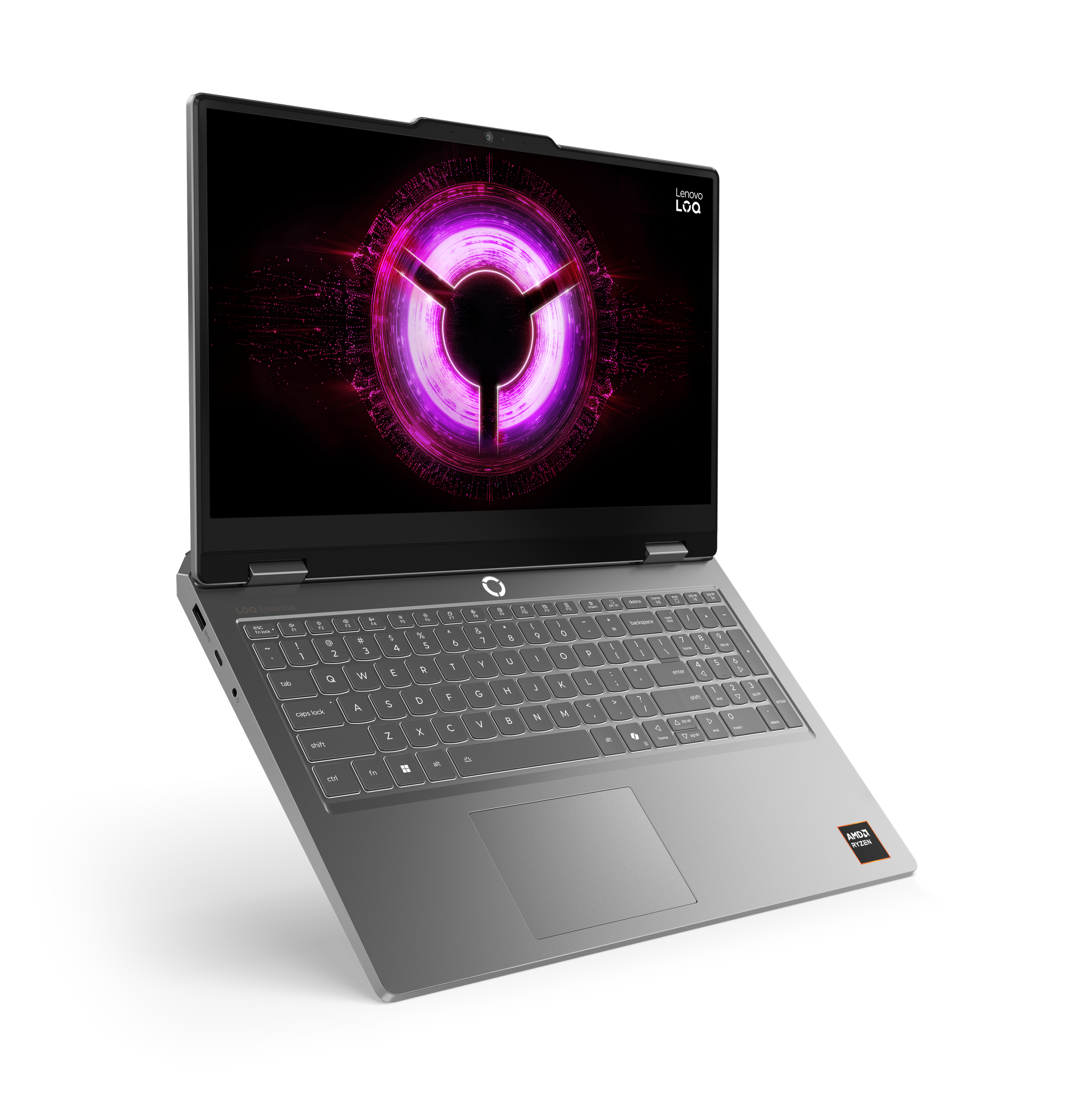 Ein silberner Laptop mit leuchtend lila Hintergrund und Tastatur.