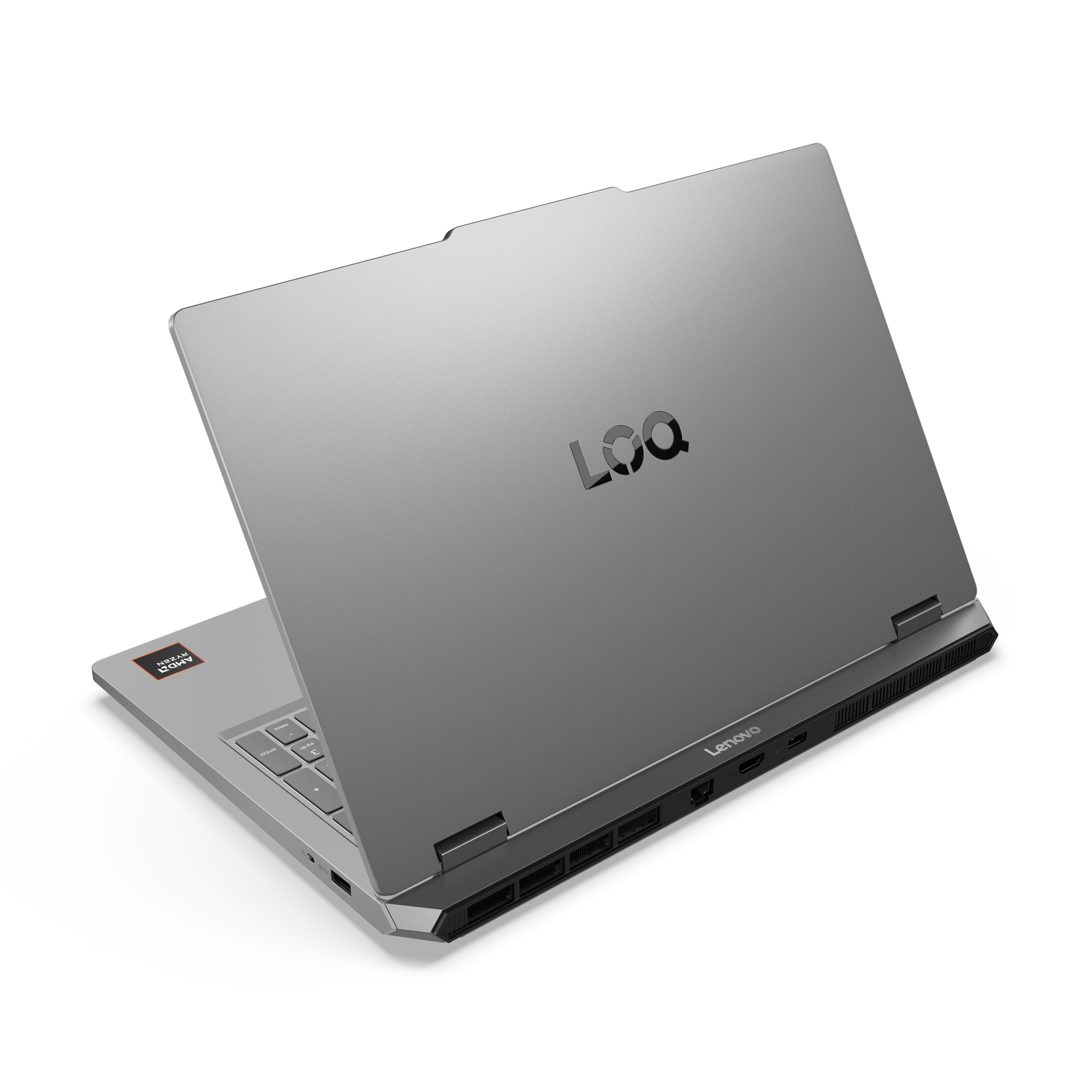 Ein silberner Laptop mit dem LOQ-Logo auf der Rückseite und AMD Ryzen-Aufkleber.