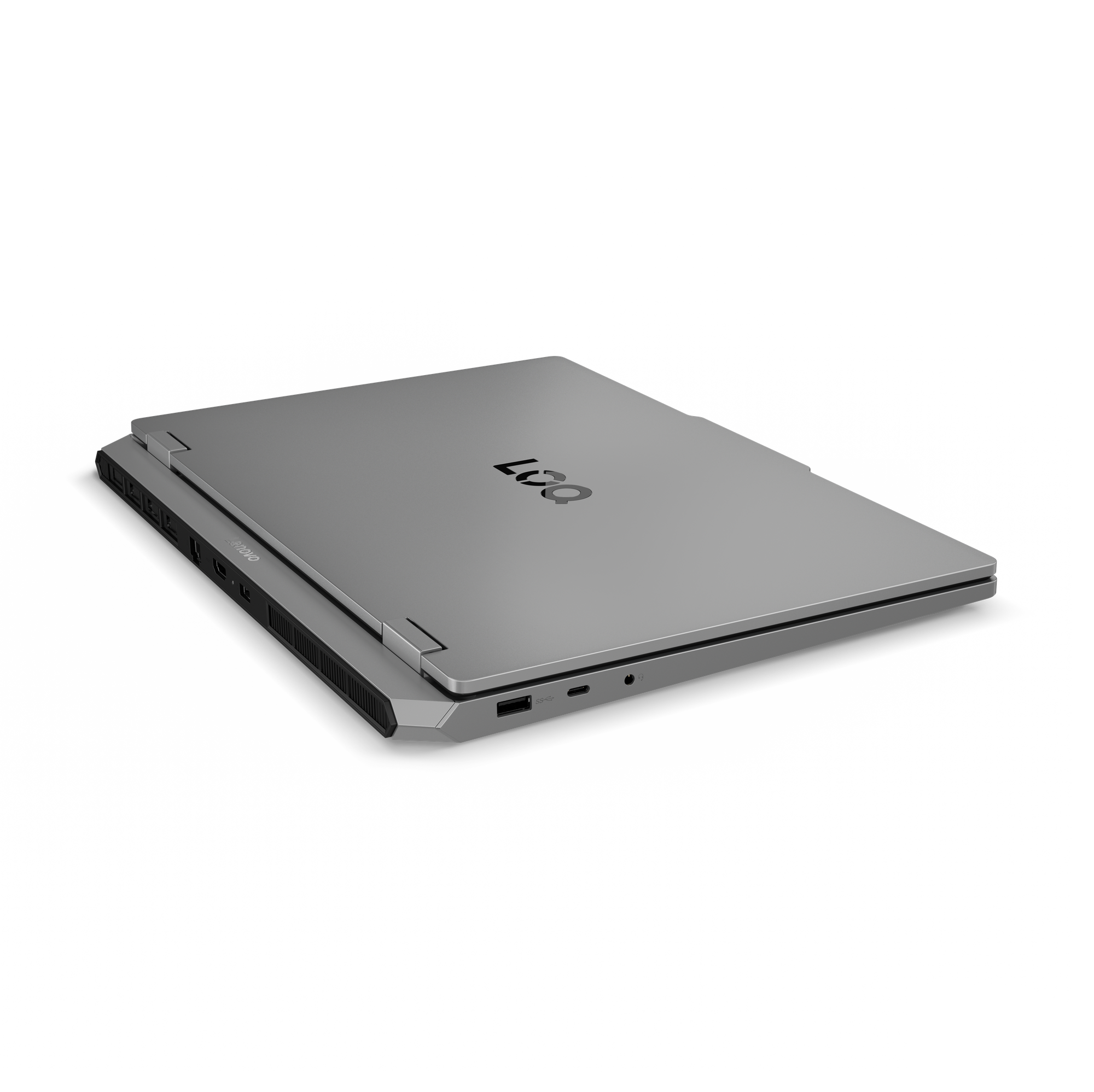 Ein graues Laptop mit dem LOQ-Logo auf dem Deckel.