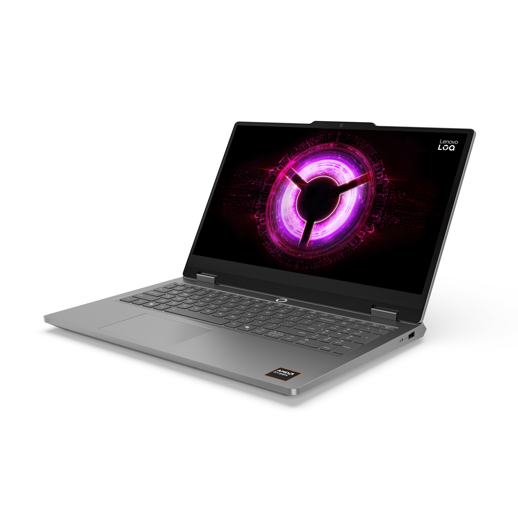 Grauer Laptop mit beleuchtetem lila Kreis auf dem Bildschirm.