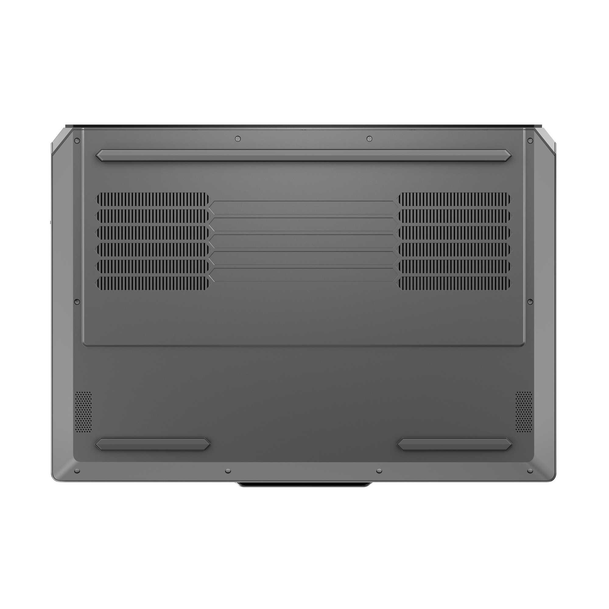 Rückseite eines grauen Laptops mit Lüftungsschlitzen und Füßen.