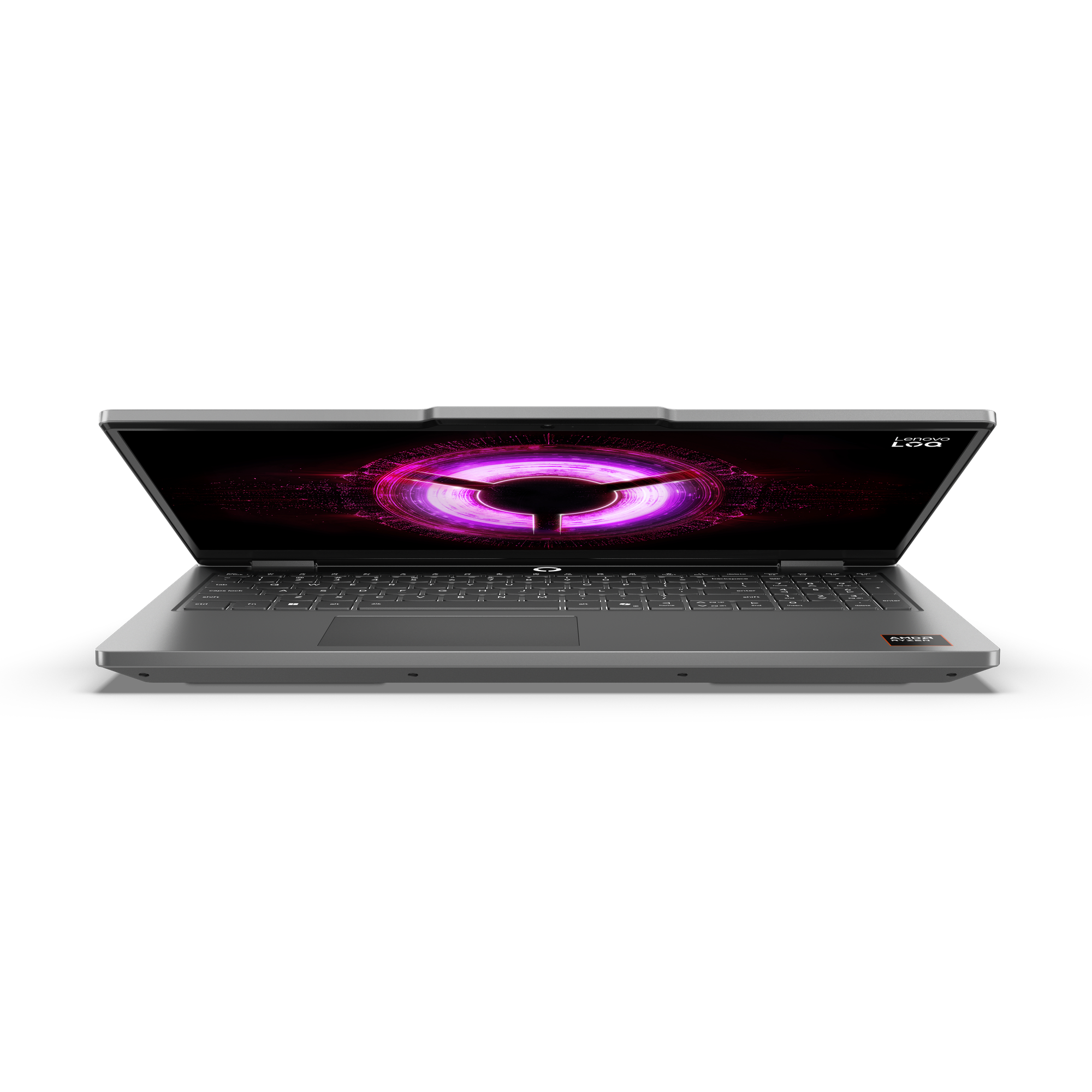 Ein geöffneter grauer Laptop mit einem violetten, leuchtenden Logo auf dem Bildschirm.