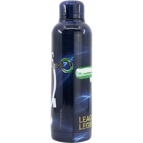 Botella azul oscuro con diseño de League of Legends y detalles verdes.