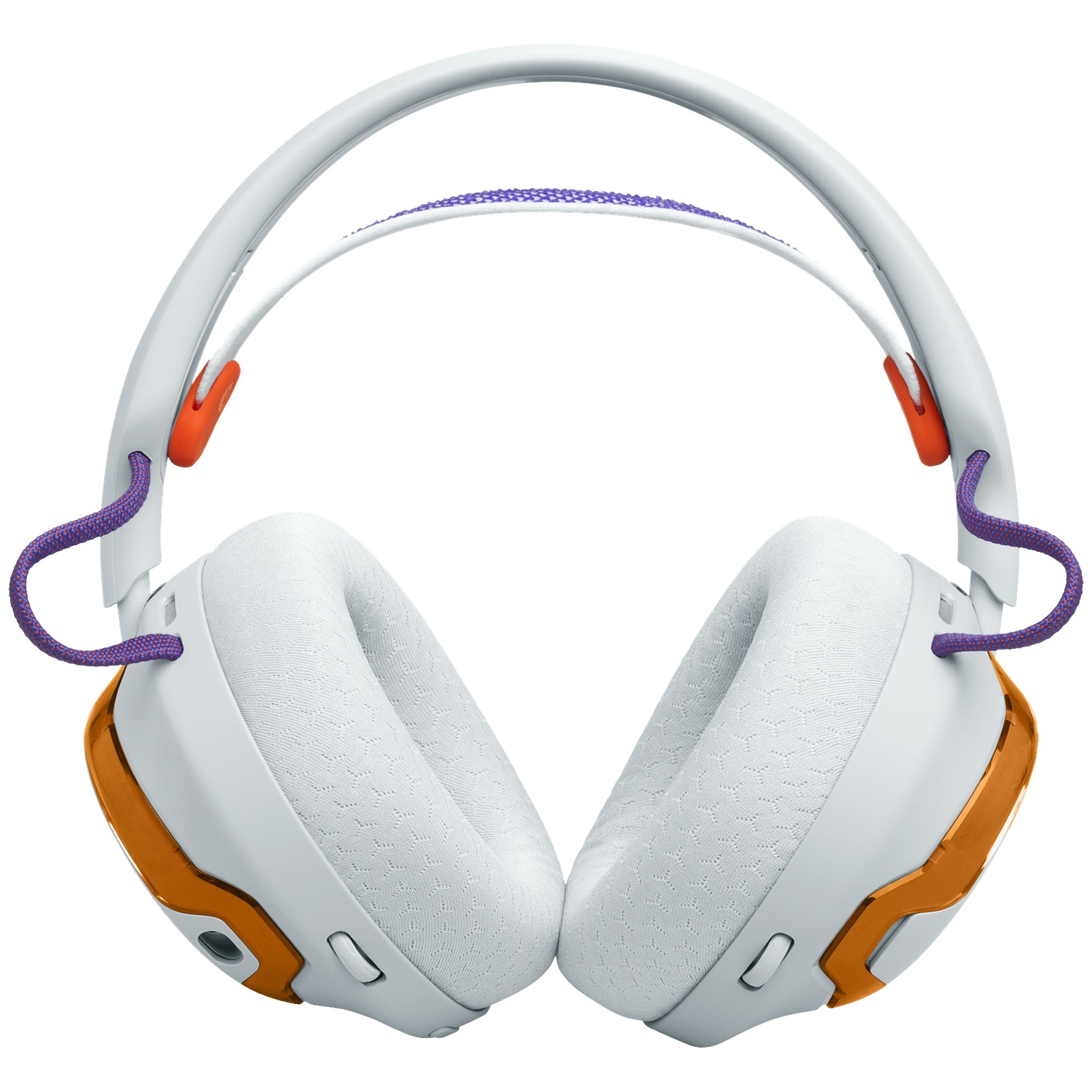 Casque blanc avec accents orange et cordons violets.