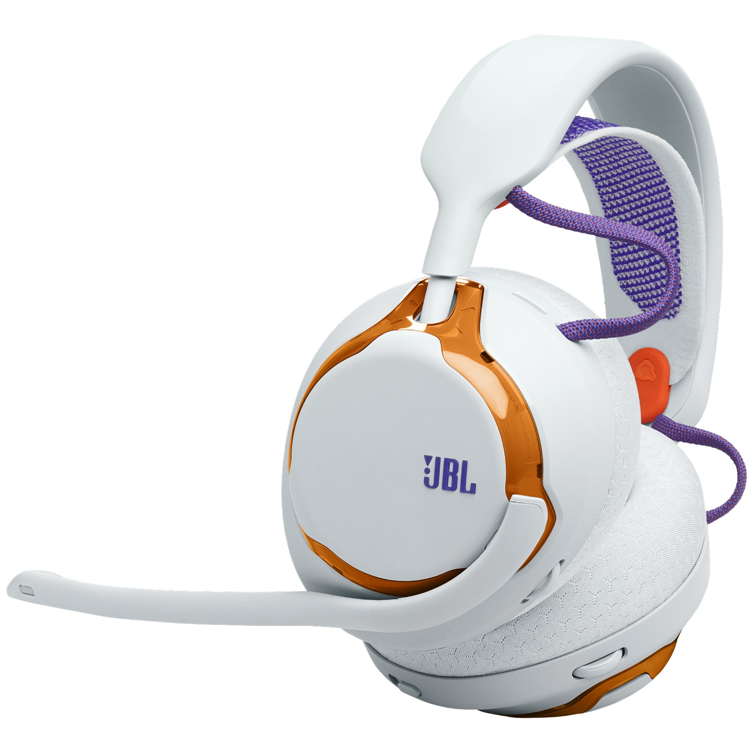 Casque gaming JBL blanc avec accents orange, cordon violet et microphone.