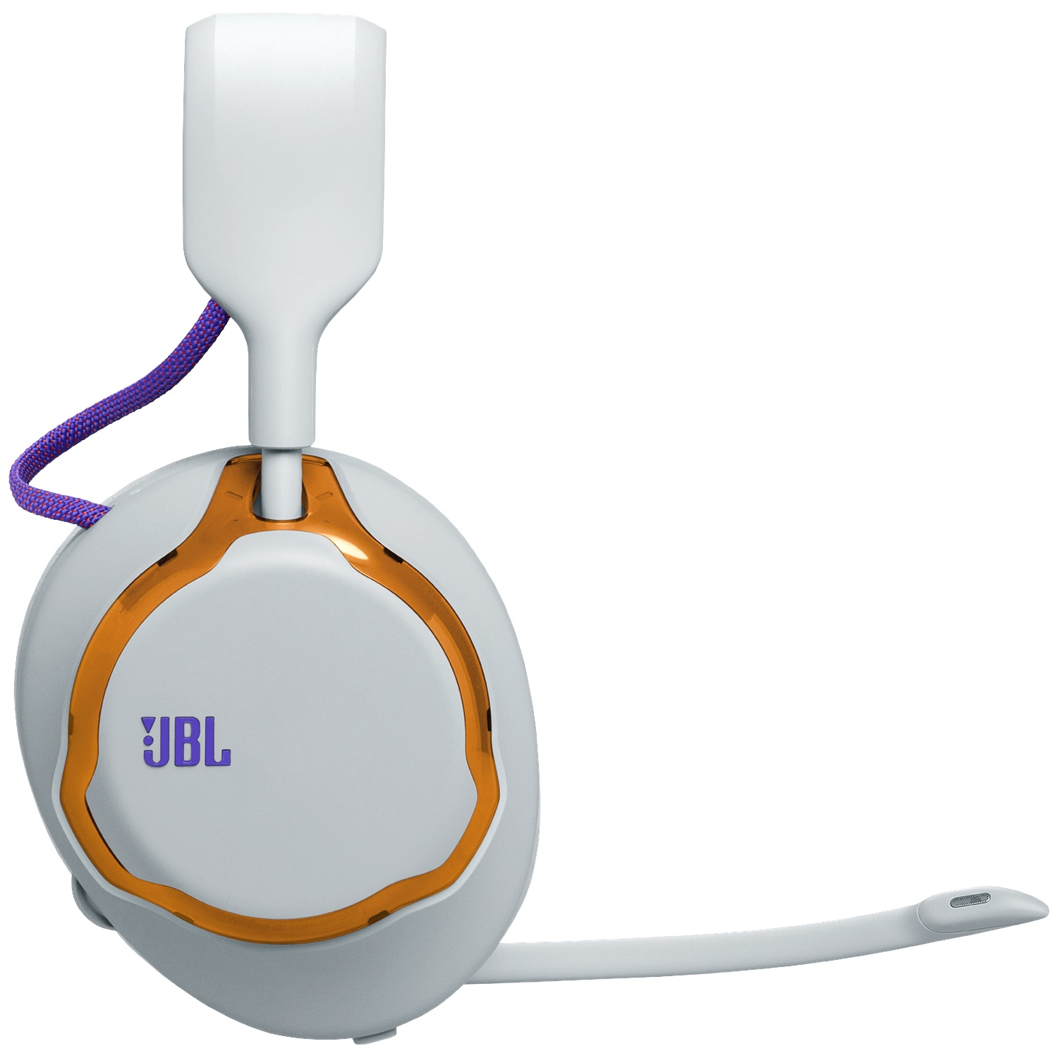 Casque blanc avec accents orange et détail de cordon violet.