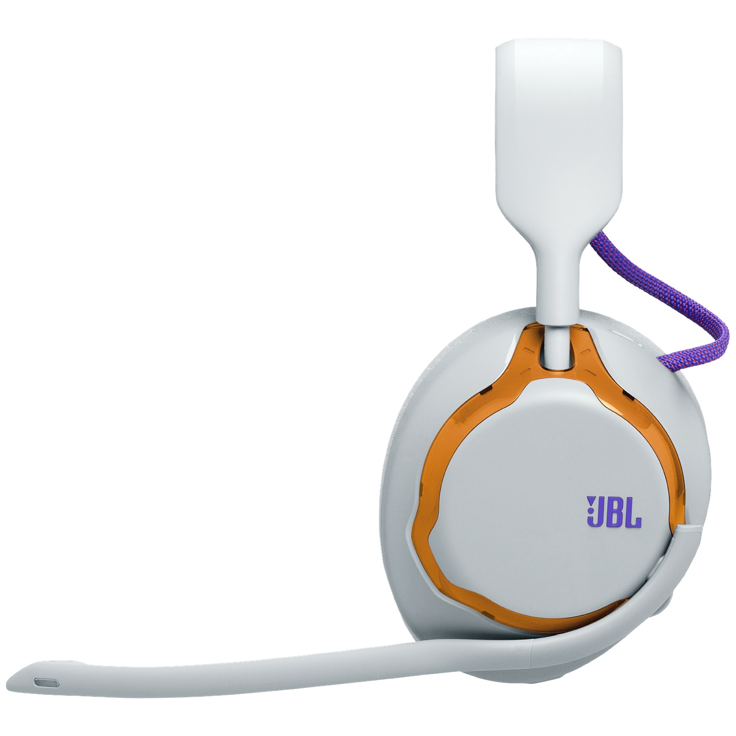 Casque blanc avec accents orange, logo JBL et cordon violet.