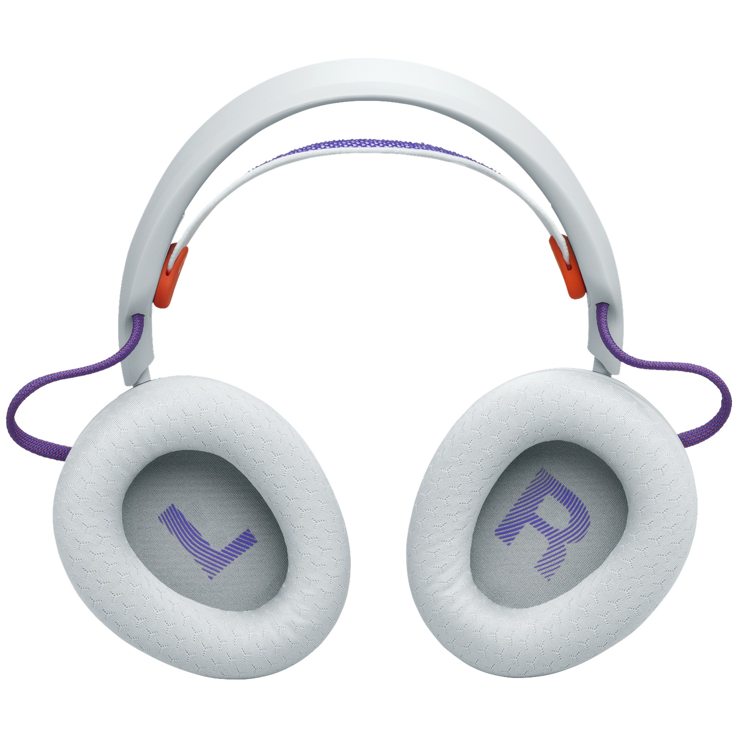 Casque blanc avec accents violets et marquages G/D sur les oreillettes.