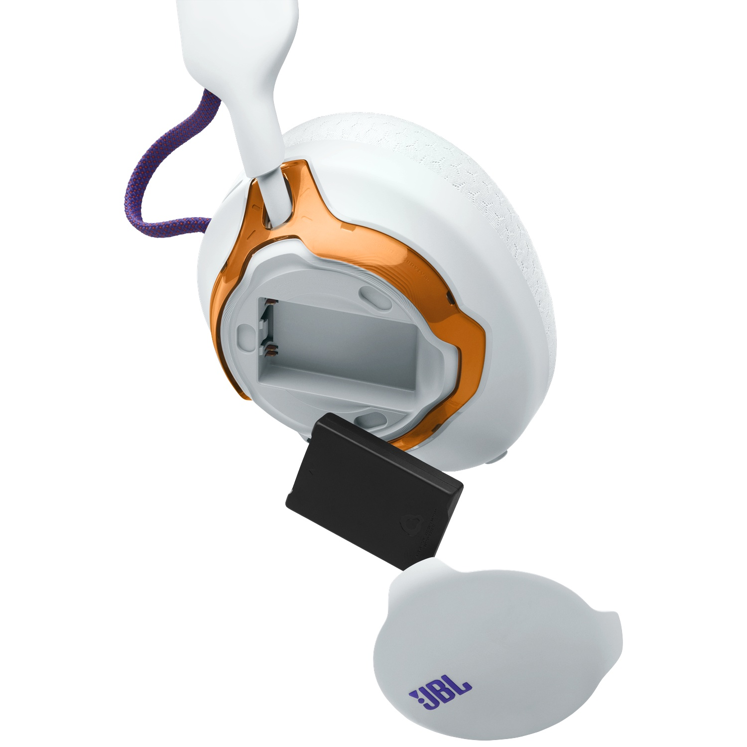 Casque blanc avec accents orange, batterie amovible.