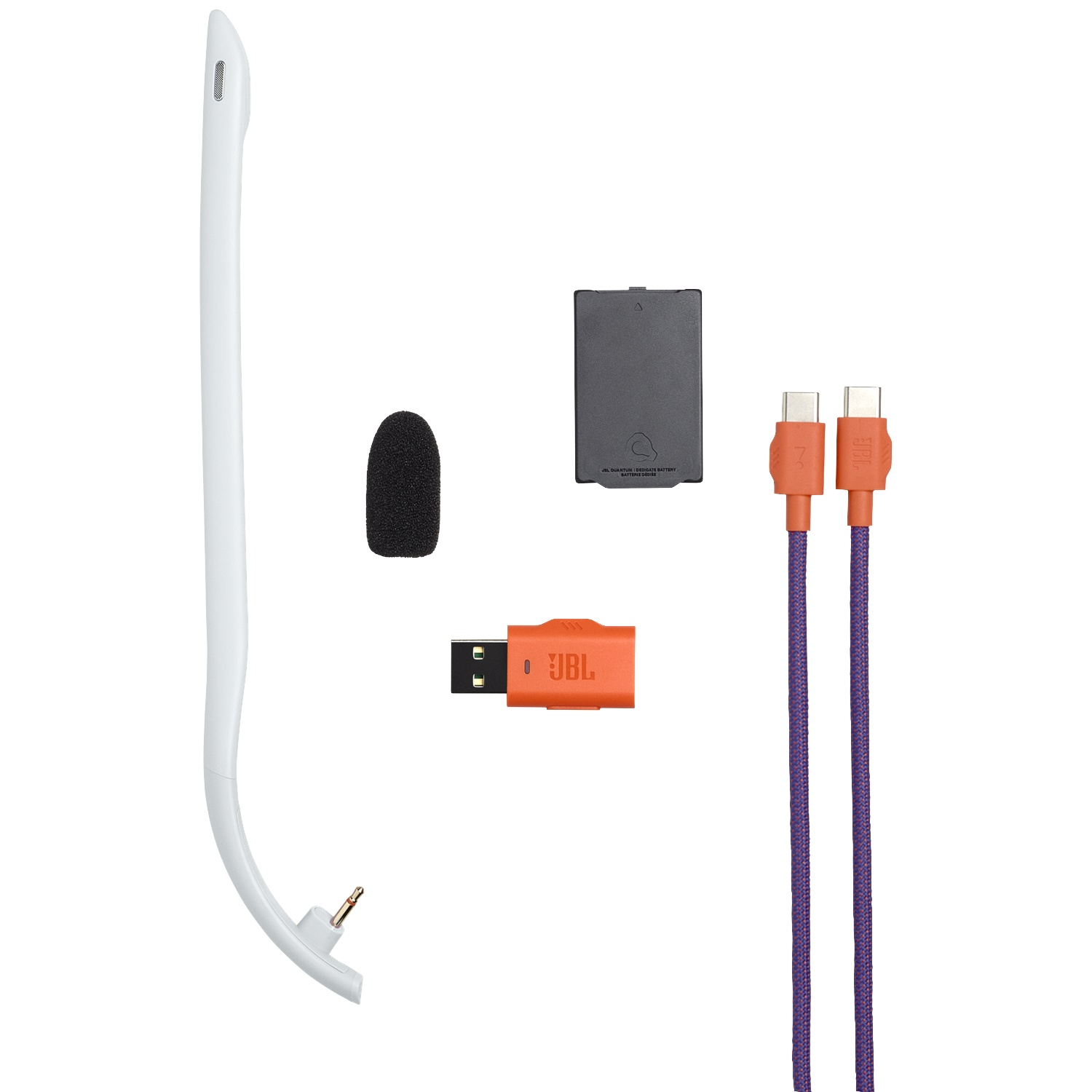 Bras de microphone blanc, bonnette noire, batterie, adaptateur USB et côbles.
