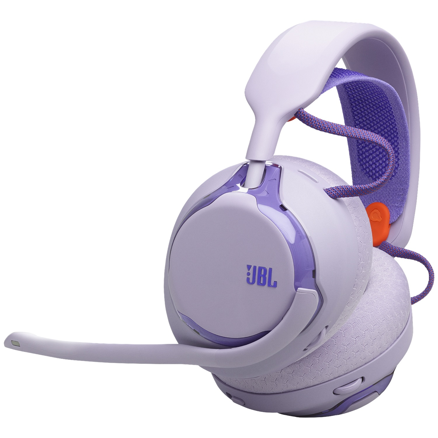 Paarse JBL koptelefoon met microfoon en paarse accenten, op witte achtergrond.