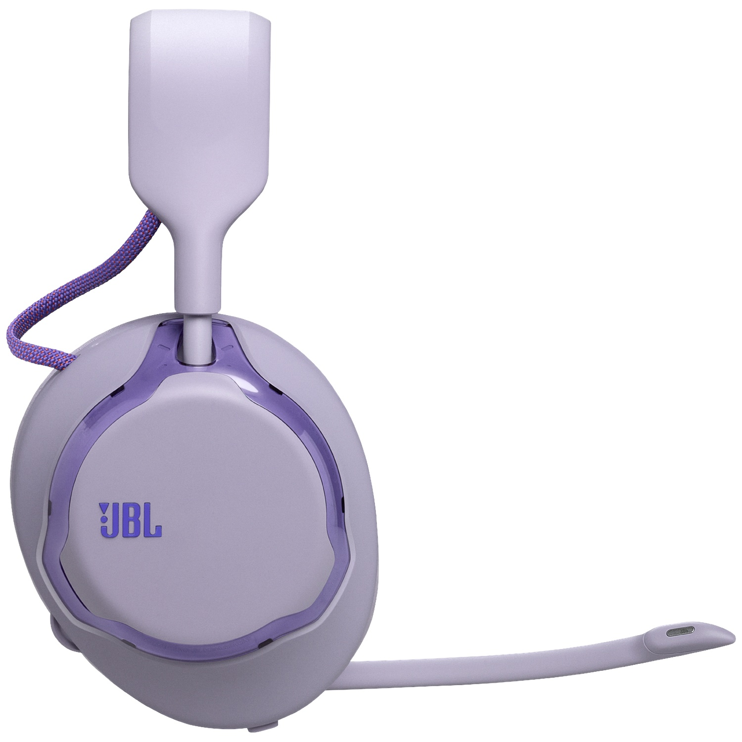 Een lavendelkleurige JBL headset met microfoon en paars koord.