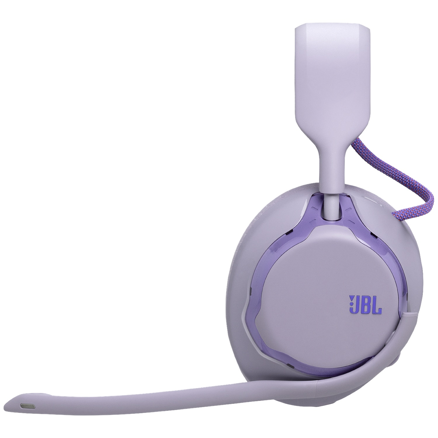 Paarse JBL koptelefoon met microfoon op witte achtergrond.