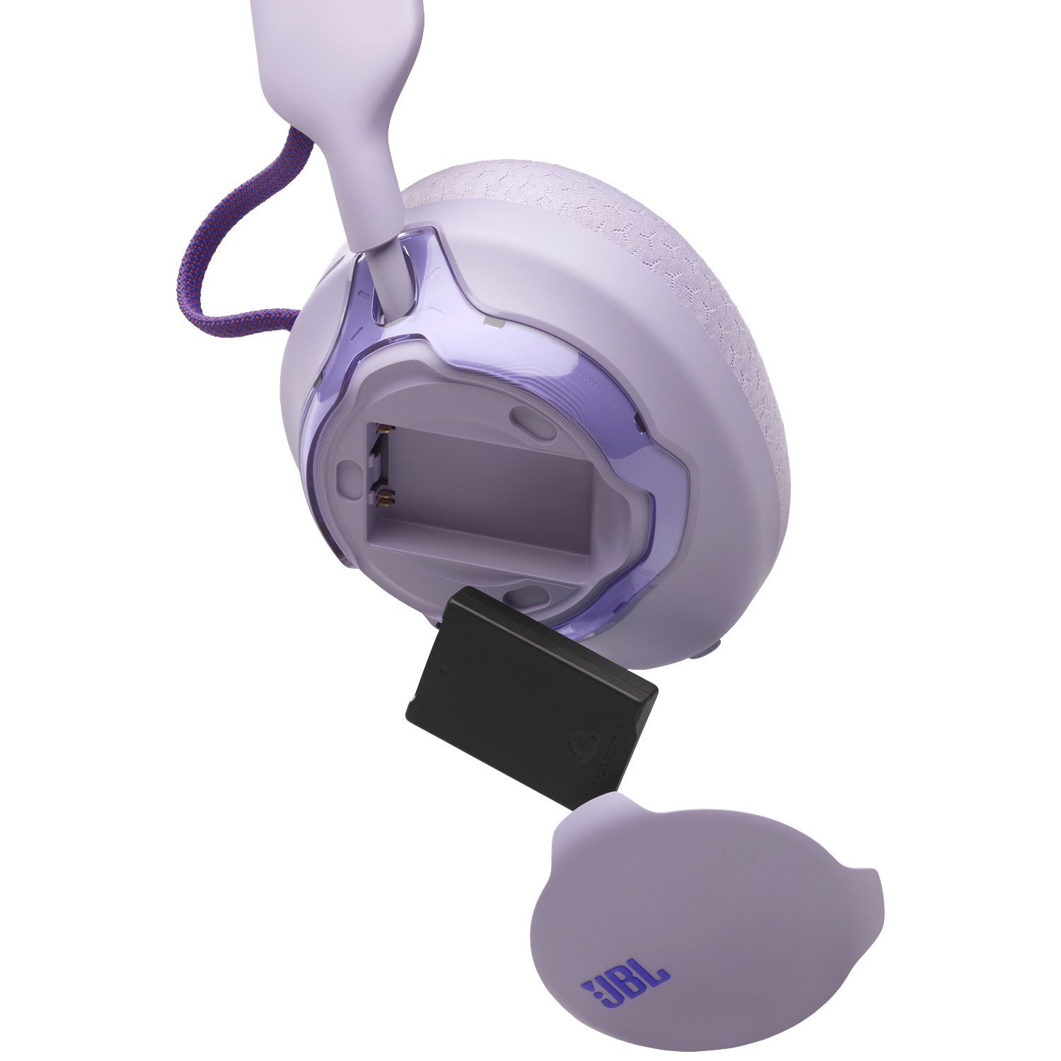 Paarse koptelefoon met verwijderbare batterij en JBL-logo op de deksel.