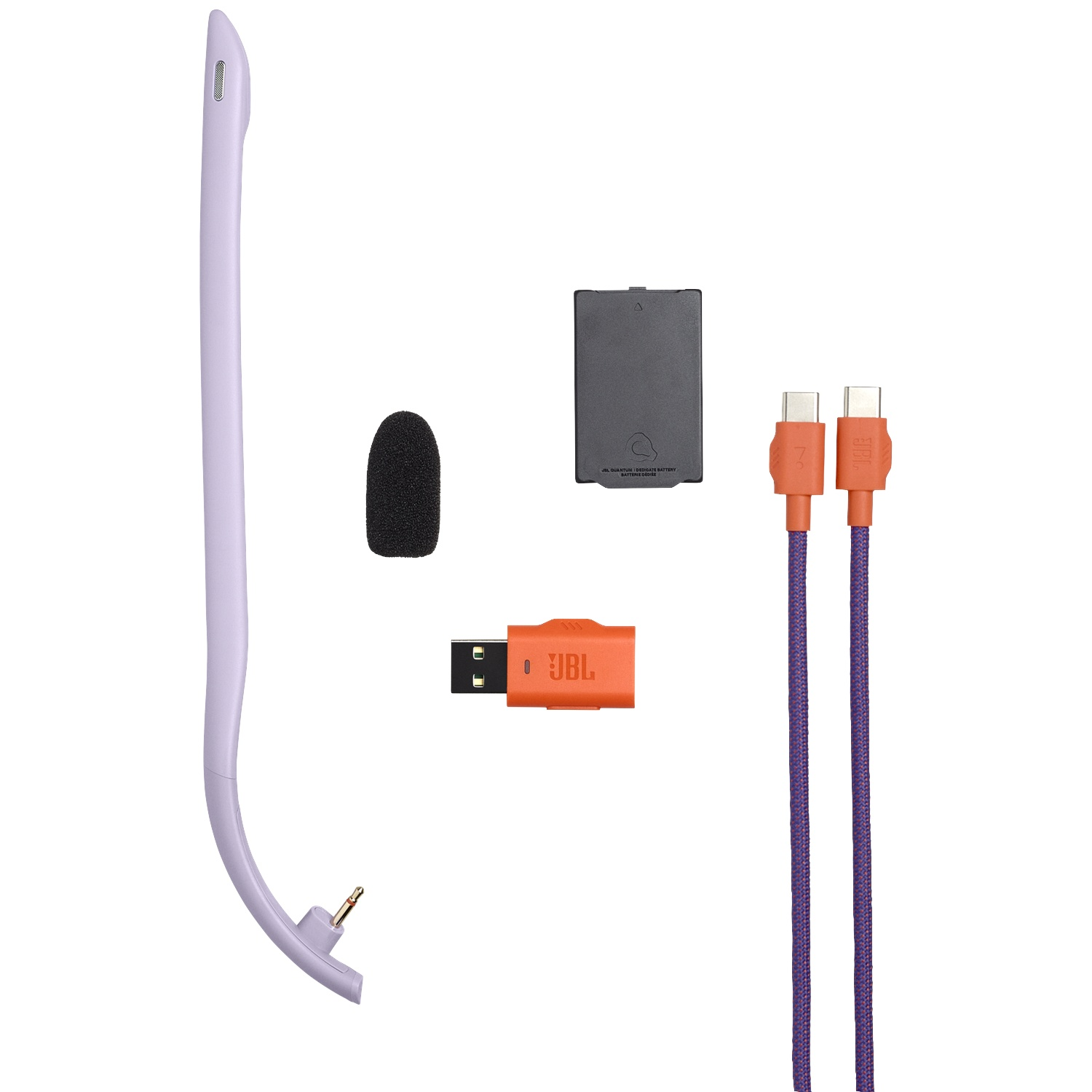 Een paarse hoofdband, zwarte microfoonhoes, grijze batterij, oranje USB-adapter, twee kabels.
