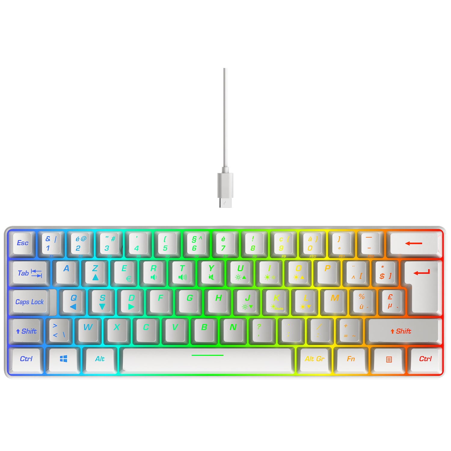 A white mechanical keyboard with RGB lighting and a USB-C cable.