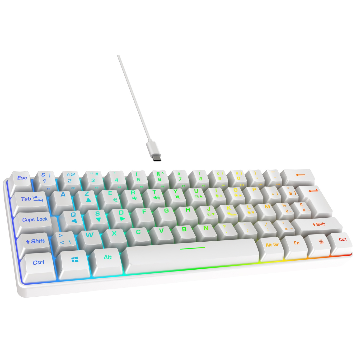 A white mechanical keyboard with RGB lighting and a USB-C cable.