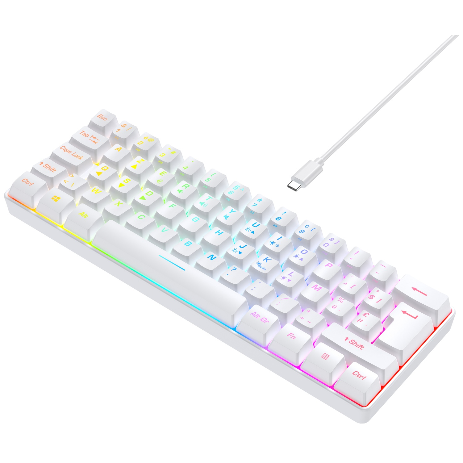 A white compact keyboard with RGB lighting and a USB-C cable.