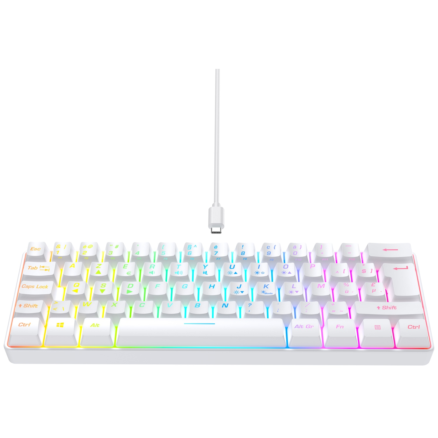 A white compact keyboard with RGB lighting and a white cable.