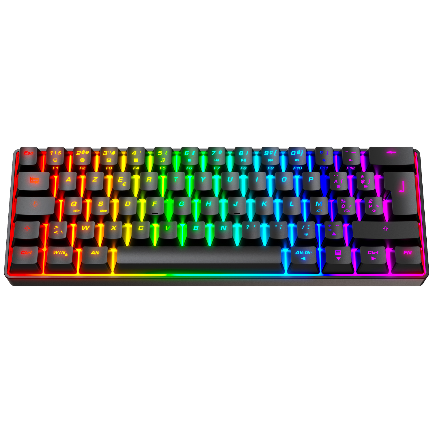 A compact keyboard with RGB lighting, transitioning from red to purple from left to right.