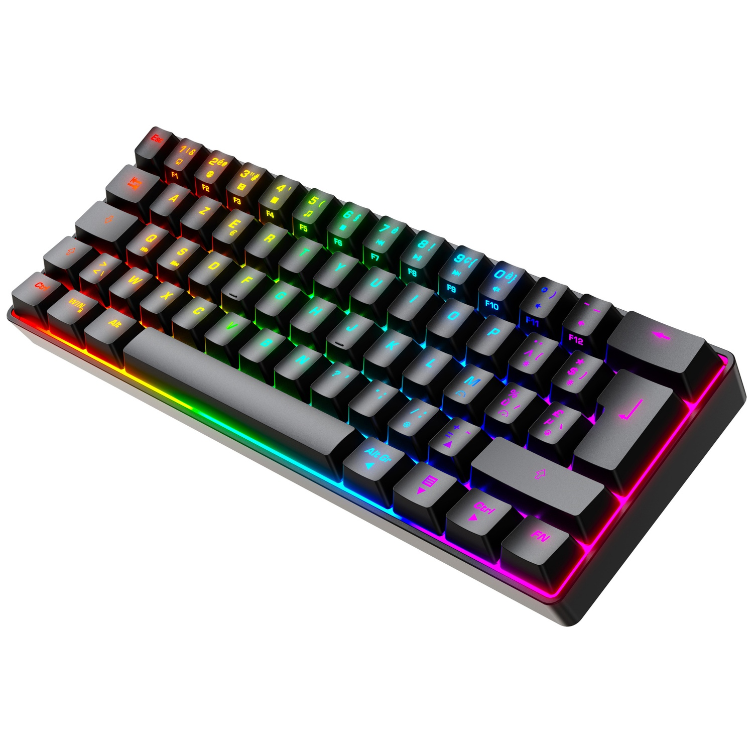 A compact black keyboard with RGB lighting that fades from red to blue.