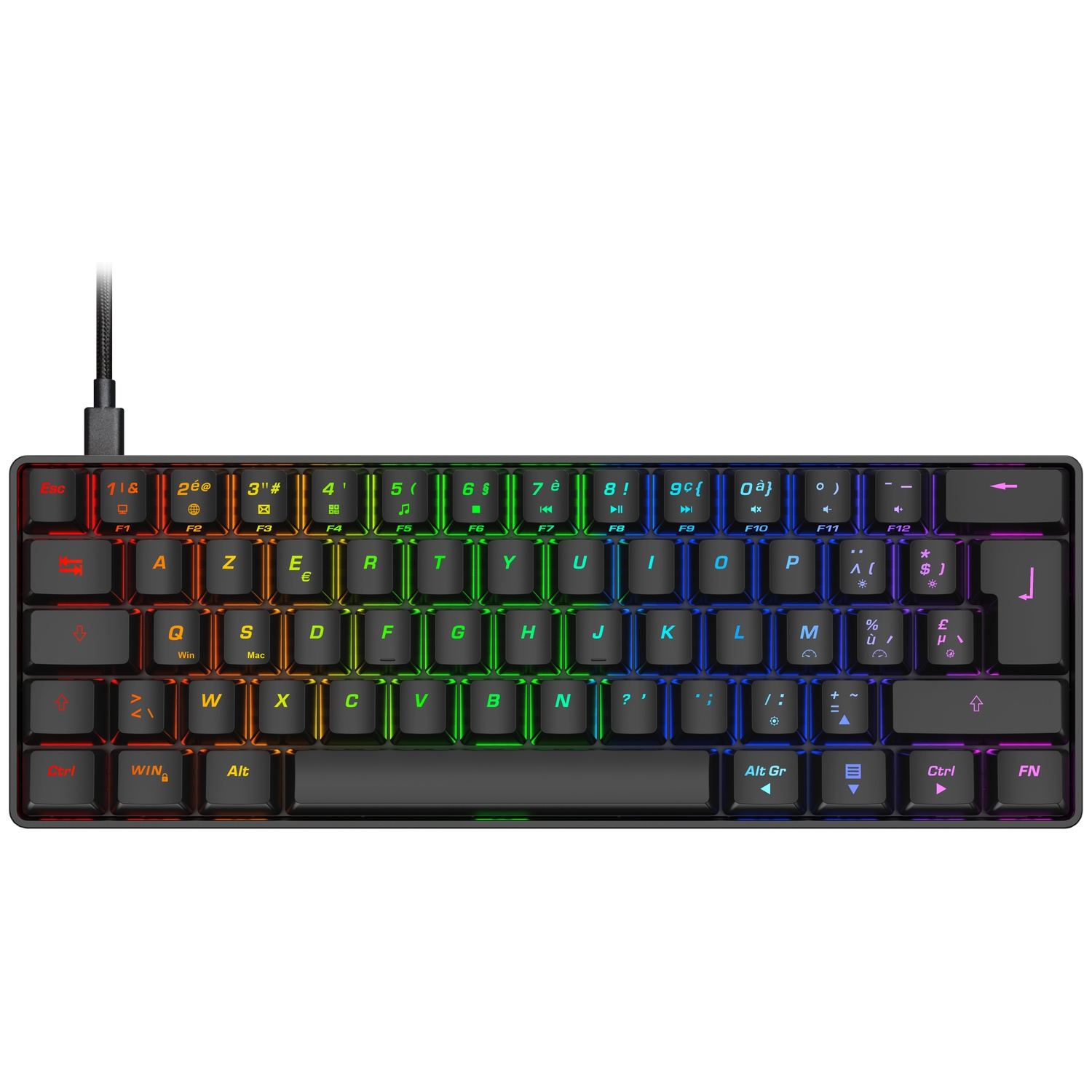 A black keyboard with colorful RGB keys and a black cable.