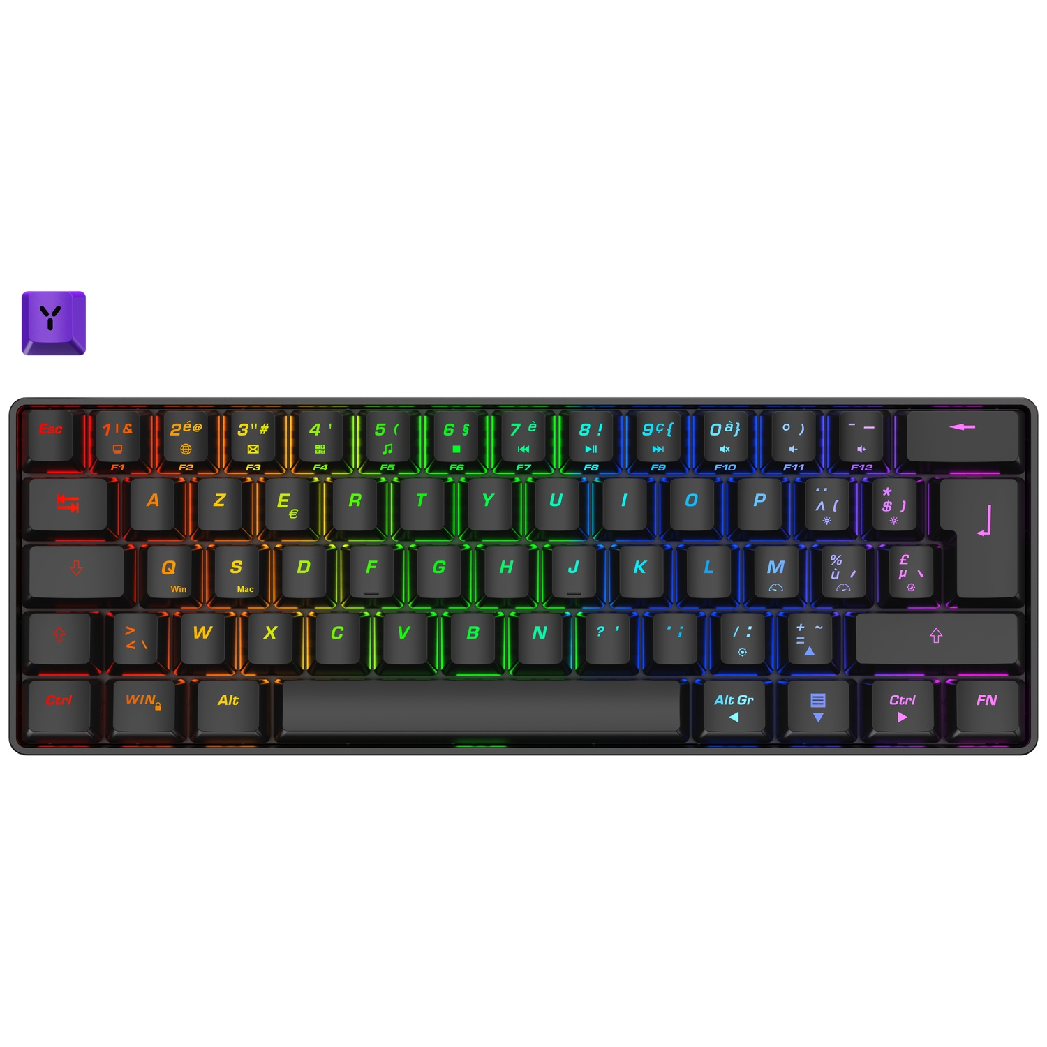 A black mechanical keyboard with RGB lighting and a purple keycap.