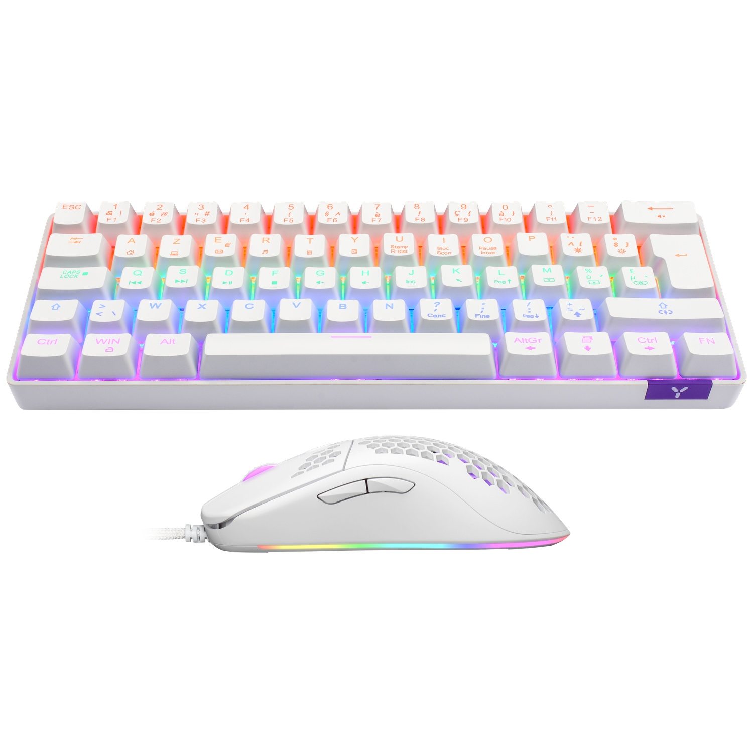 Een wit gaming toetsenbord en muis met RGB-verlichting.