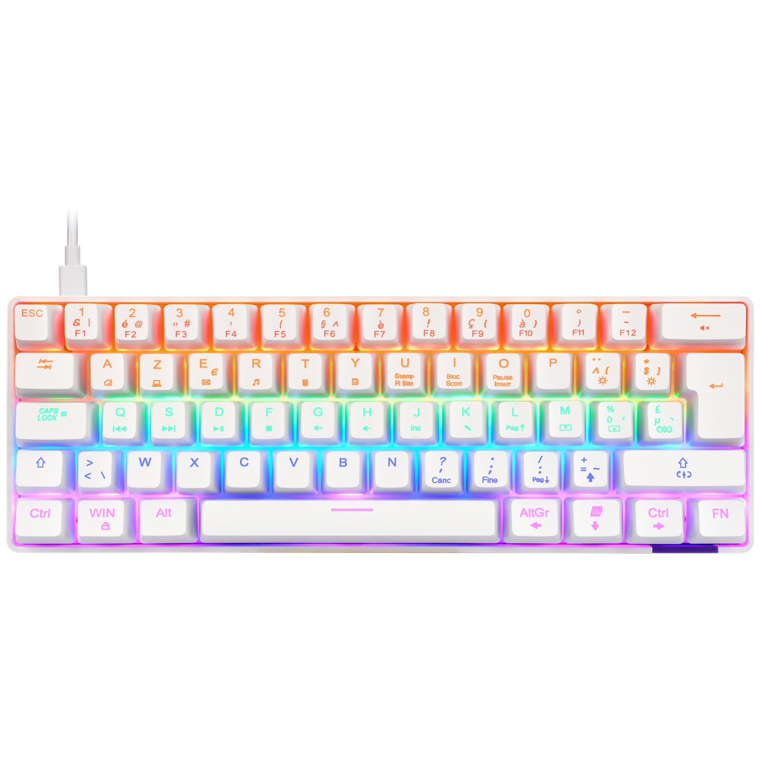 Een wit mechanisch toetsenbord met RGB-achtergrondverlichting en witte toetsen.