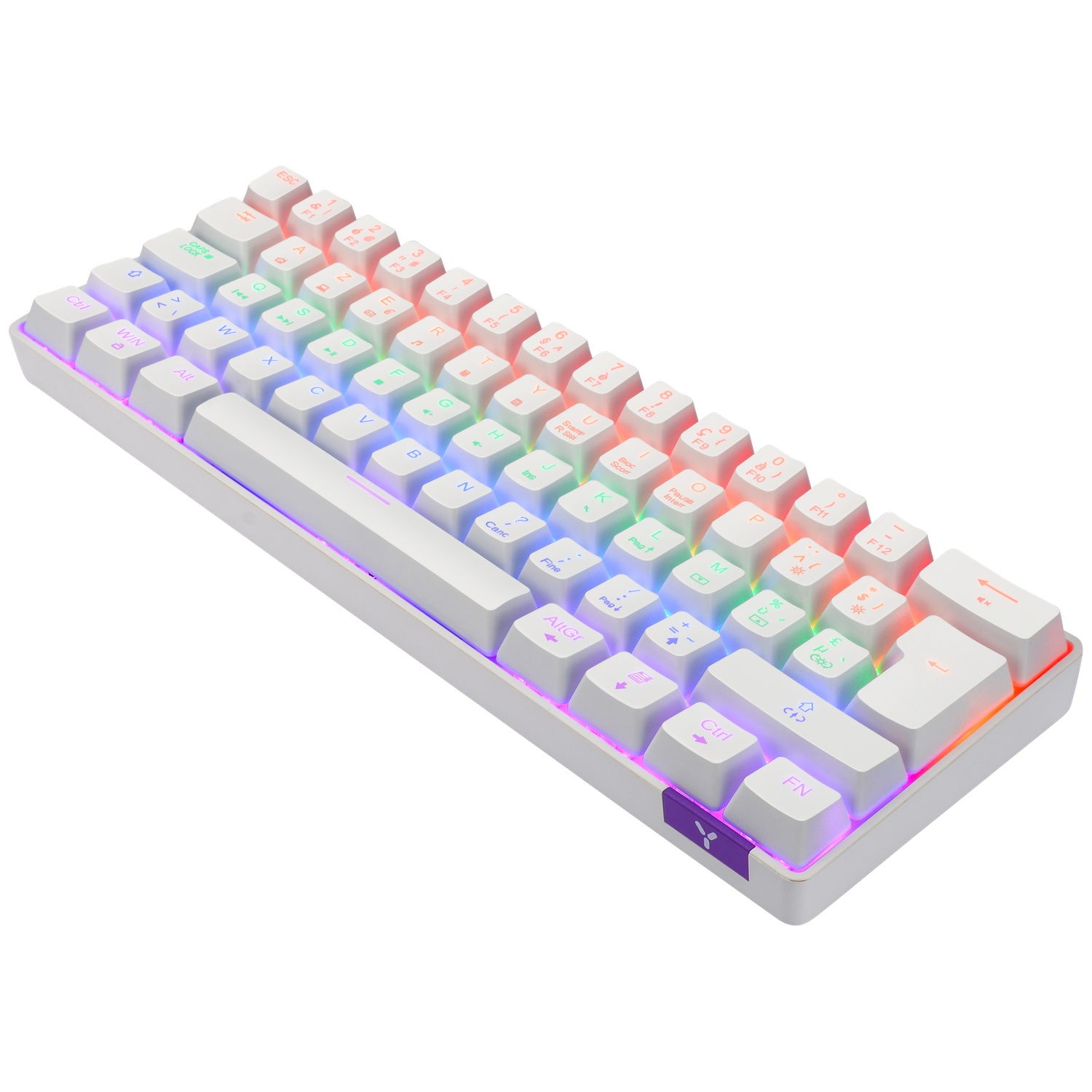 Wit compact toetsenbord met kleurrijke RGB-achtergrondverlichting.