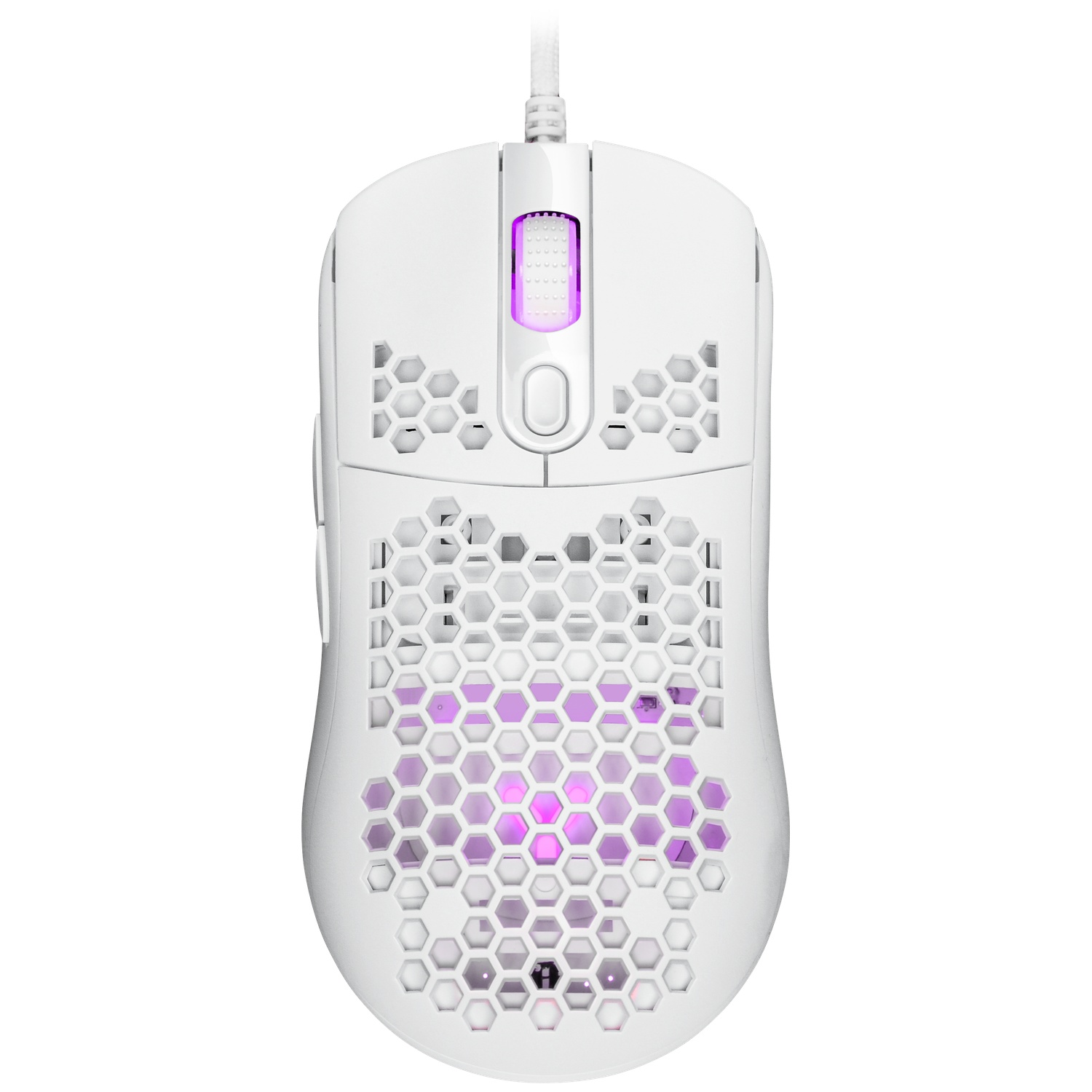 Witte gamingmuis met honingraatontwerp en paarse verlichting.