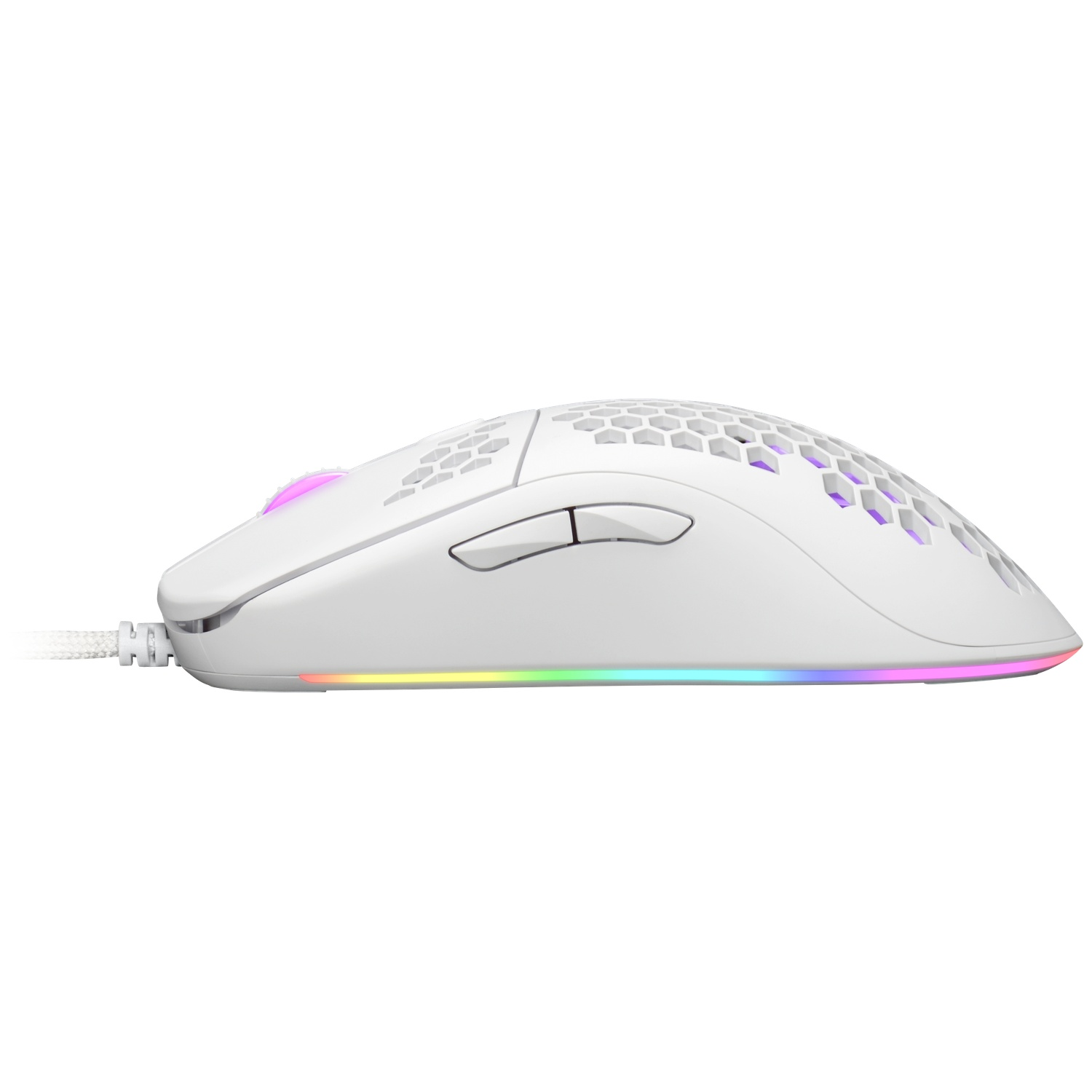 Witte gamingmuis met honingraatpatroon en RGB-verlichting.