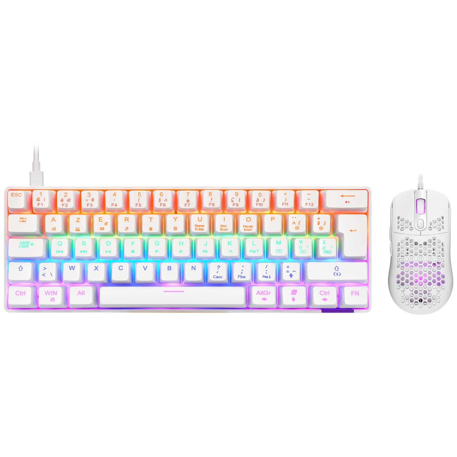Een wit gaming toetsenbord en muis met RGB-verlichting.