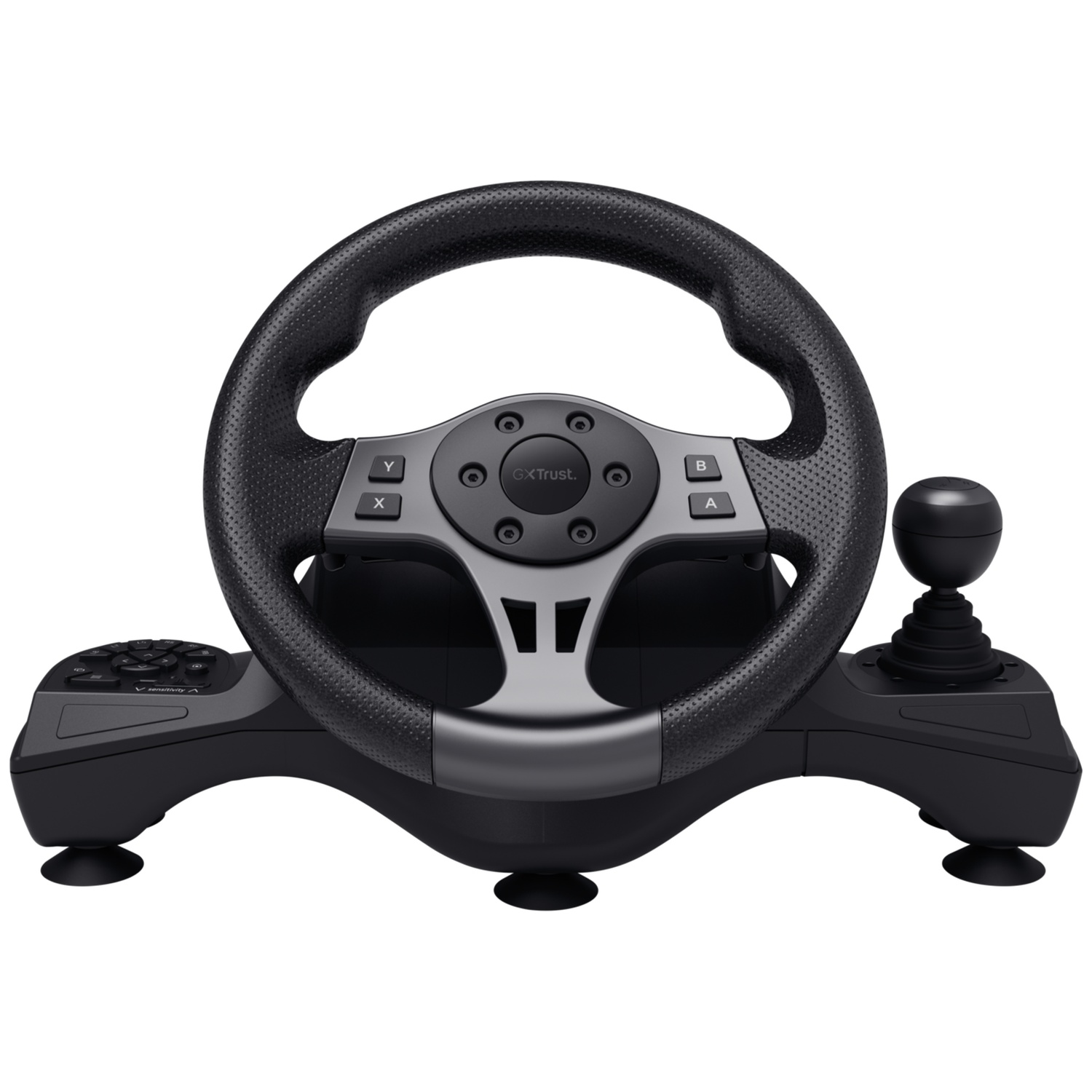 Un volant noir avec levier de vitesse et boutons, sur fond blanc.