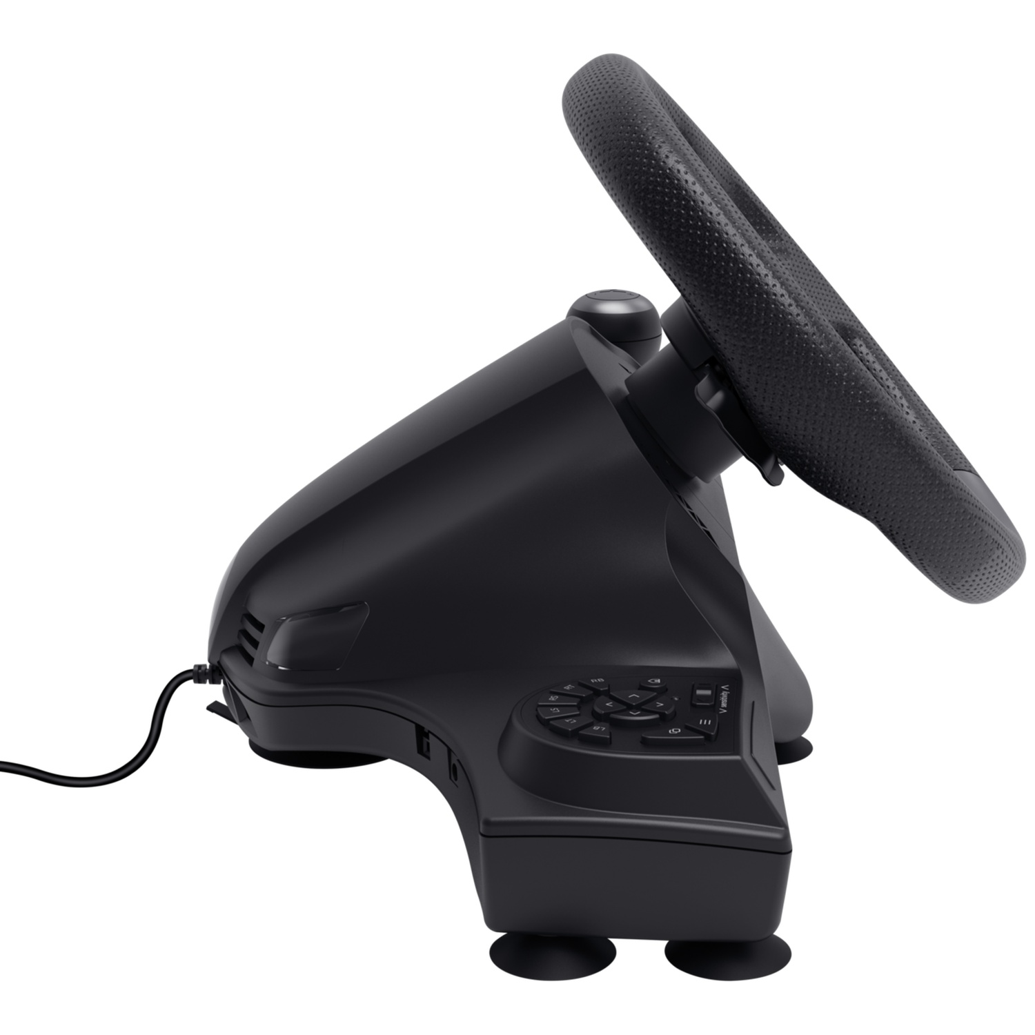 Volant de jeu noir avec grip perforé et boutons sur la base, fond blanc.