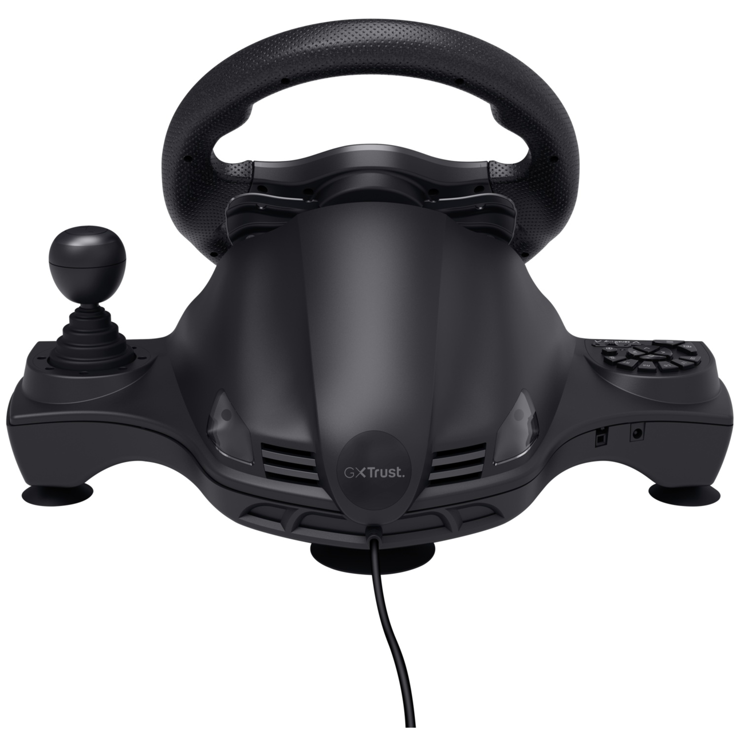 Volant de jeu noir avec levier de vitesses et boutons, sur fond blanc.
