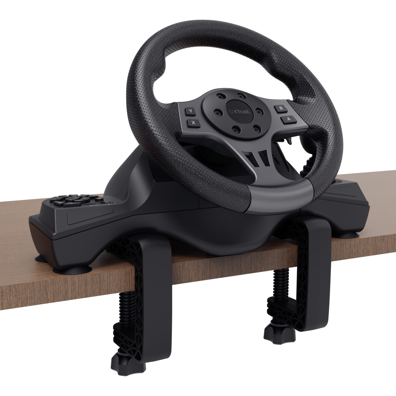 Un volant de jeu noir est fixé à un bureau en bois.