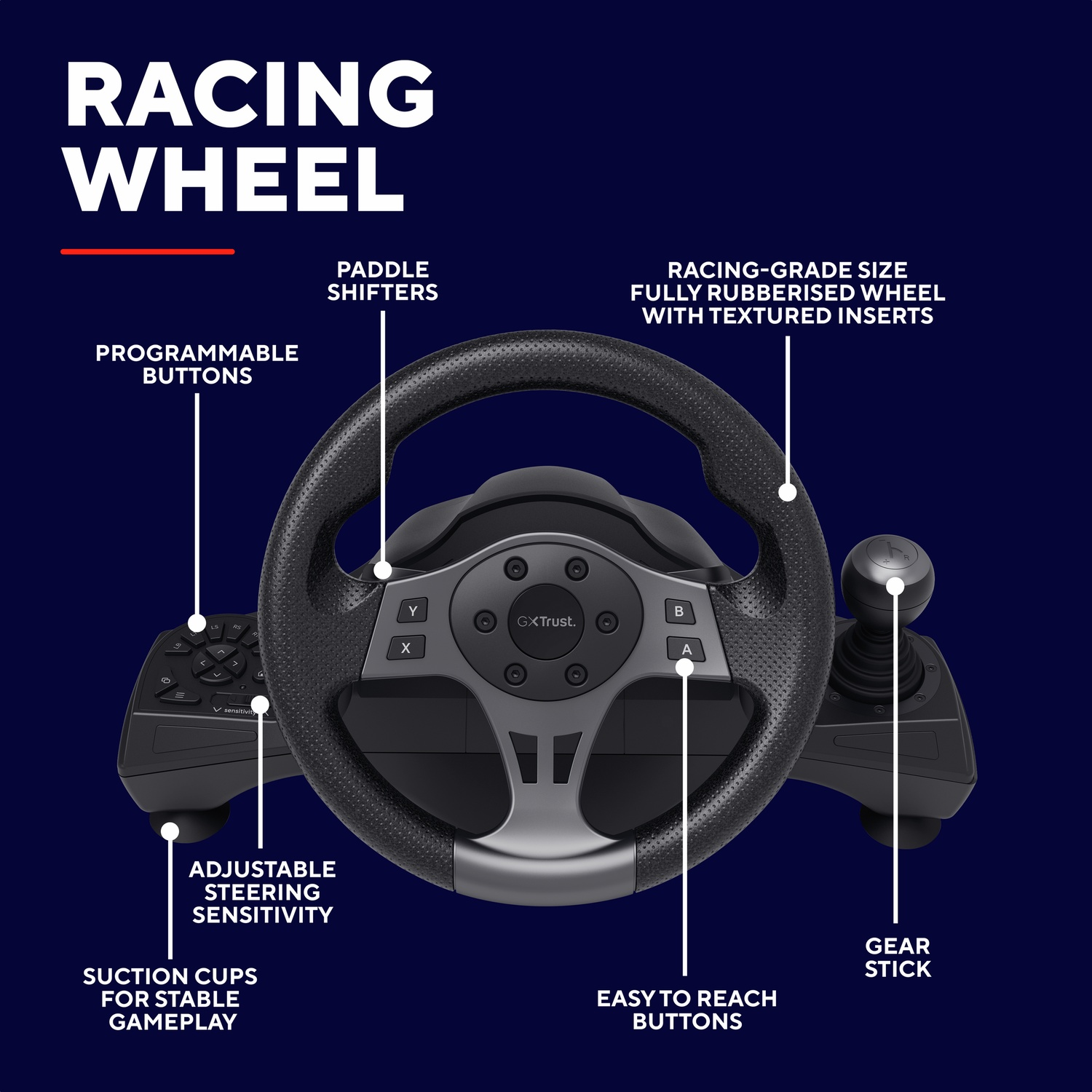 Un volant de course avec palettes, boutons programmables et levier de vitesses.